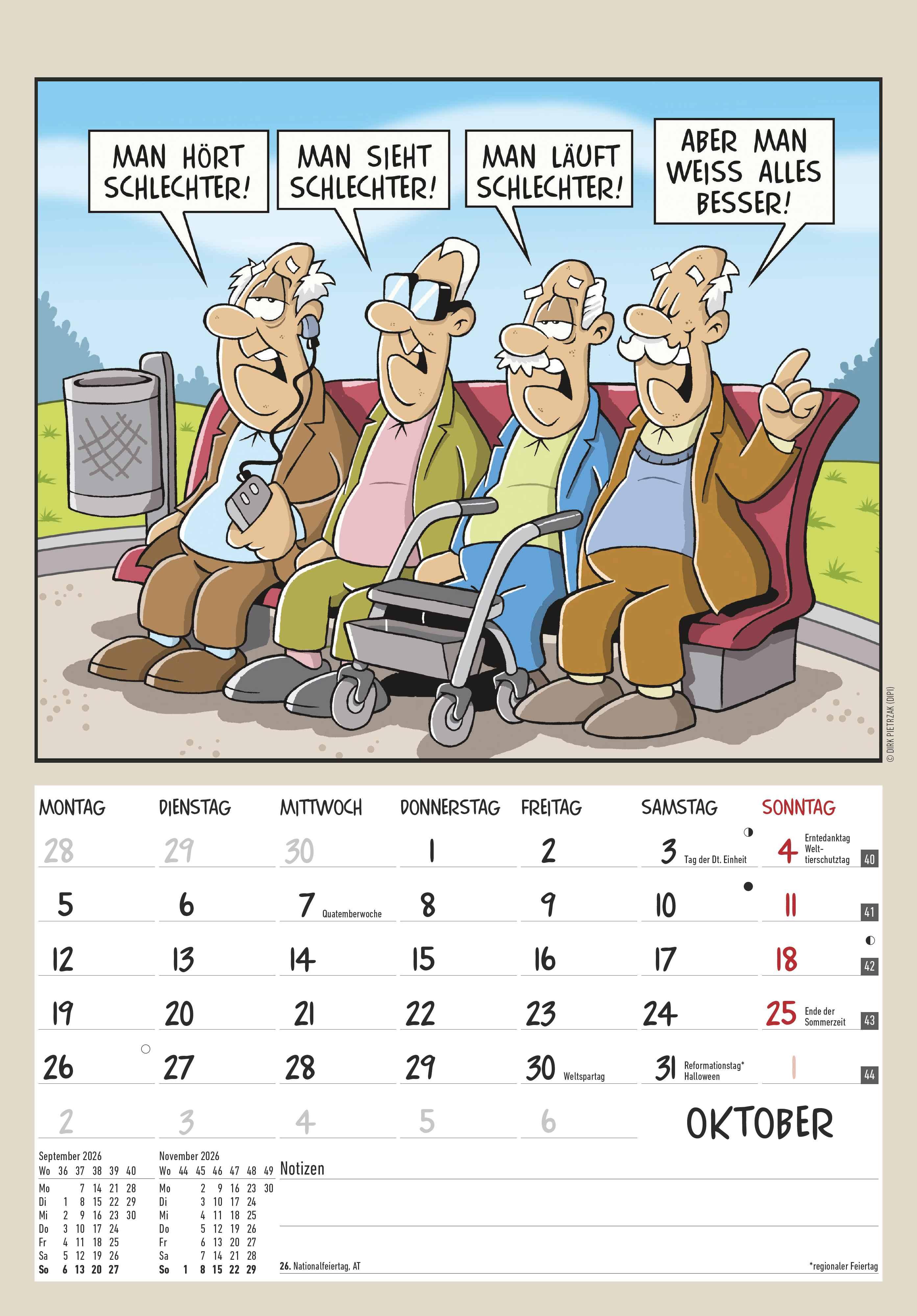 Beispielinhalt (Bild) Der Rentner-Kalender 2026 - Bild-Kalender 23,7x34 cm - mit lustigen Cartoons - Humor-Kalender - Comic - Wandkalender - mit Platz für Notizen - Alpha Edition