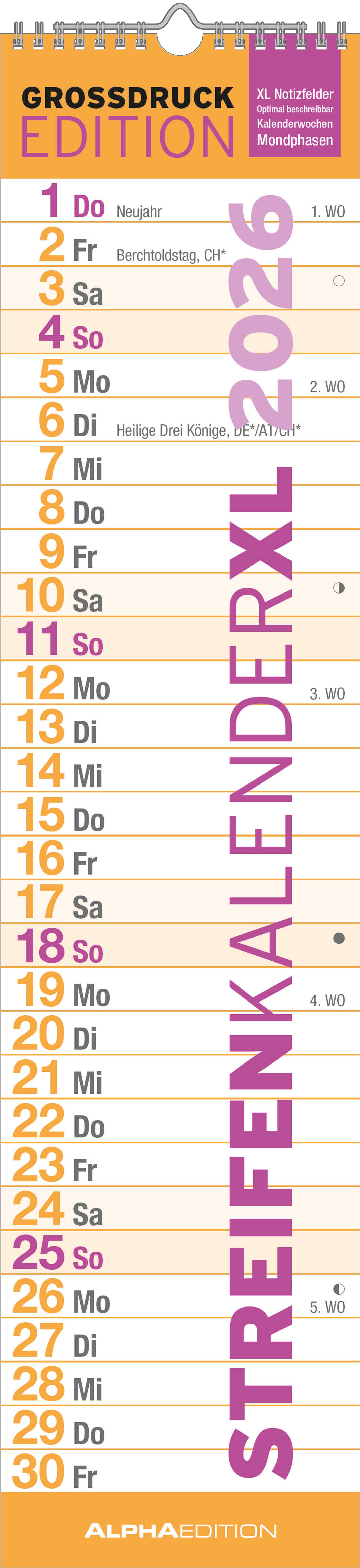 Vorderes Coverbild GROSSDRUCK Streifenplaner XL 2026 - Streifenkalender - Wandplaner - Küchen-Kalender - 15x64