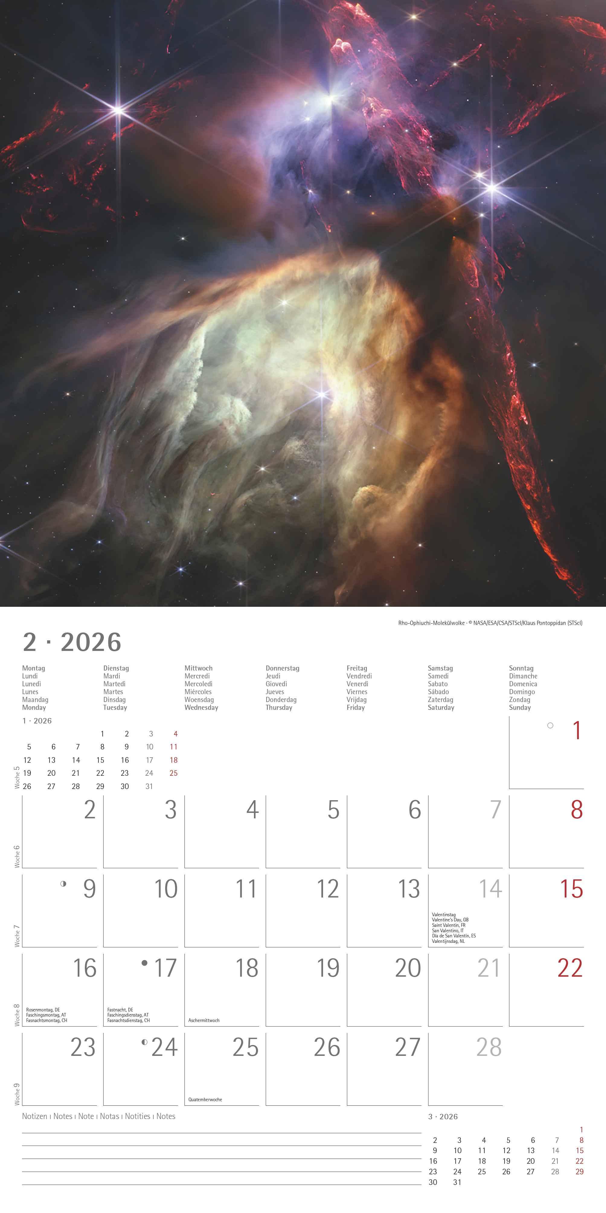 Beispielinhalt (Bild) Space 2026 - Broschürenkalender 30x30 cm (30x60 geöffnet) - Kalender mit Platz für Notizen - Weltraum - Bildkalender - Wandplaner - Wandkalender