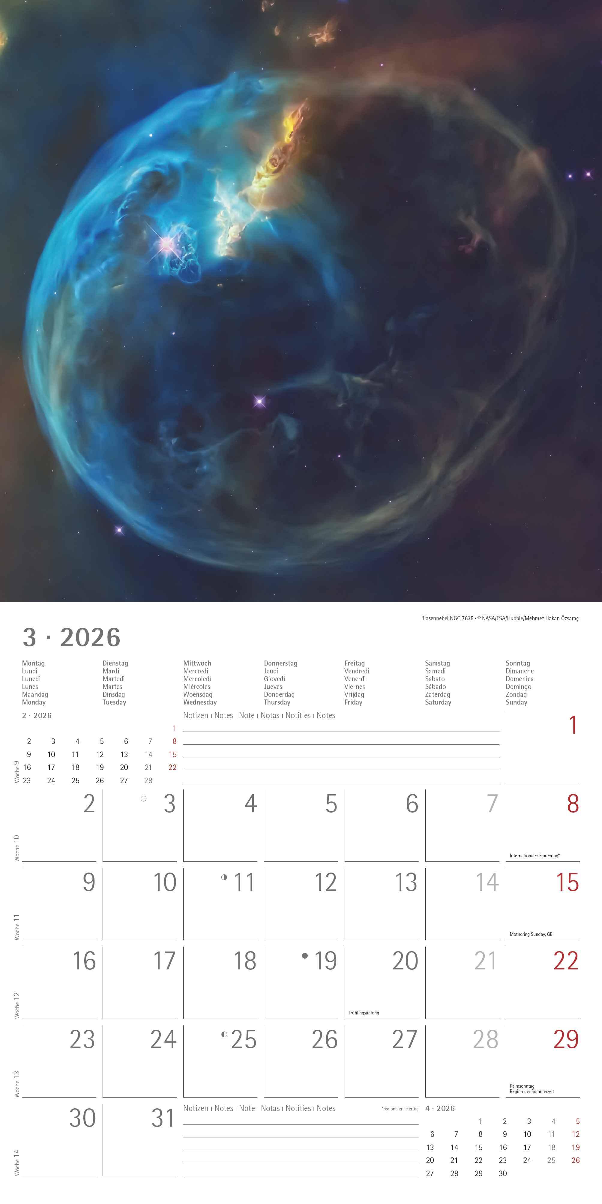 Beispielinhalt (Bild) Space 2026 - Broschürenkalender 30x30 cm (30x60 geöffnet) - Kalender mit Platz für Notizen - Weltraum - Bildkalender - Wandplaner - Wandkalender