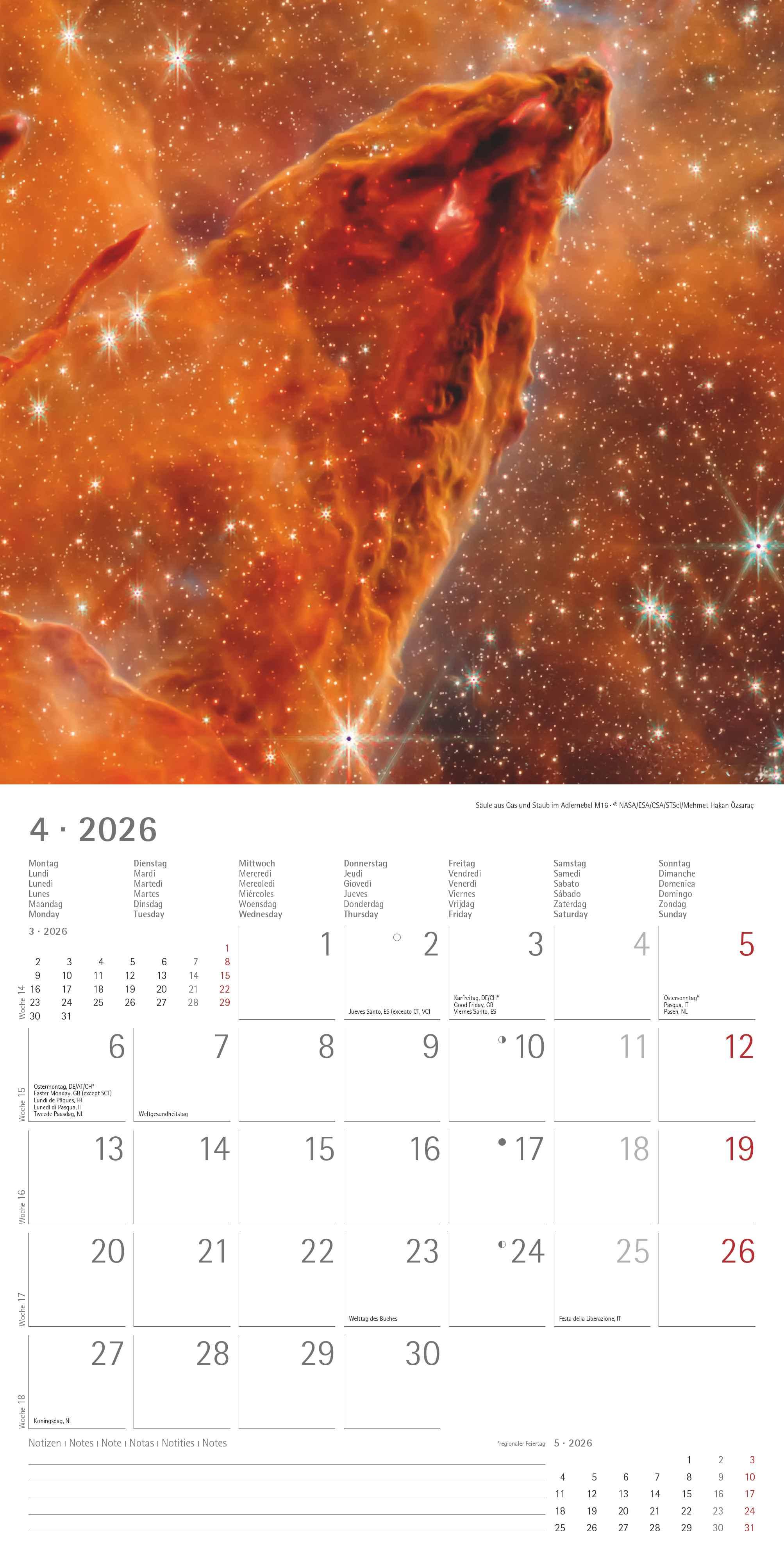 Beispielinhalt (Bild) Space 2026 - Broschürenkalender 30x30 cm (30x60 geöffnet) - Kalender mit Platz für Notizen - Weltraum - Bildkalender - Wandplaner - Wandkalender