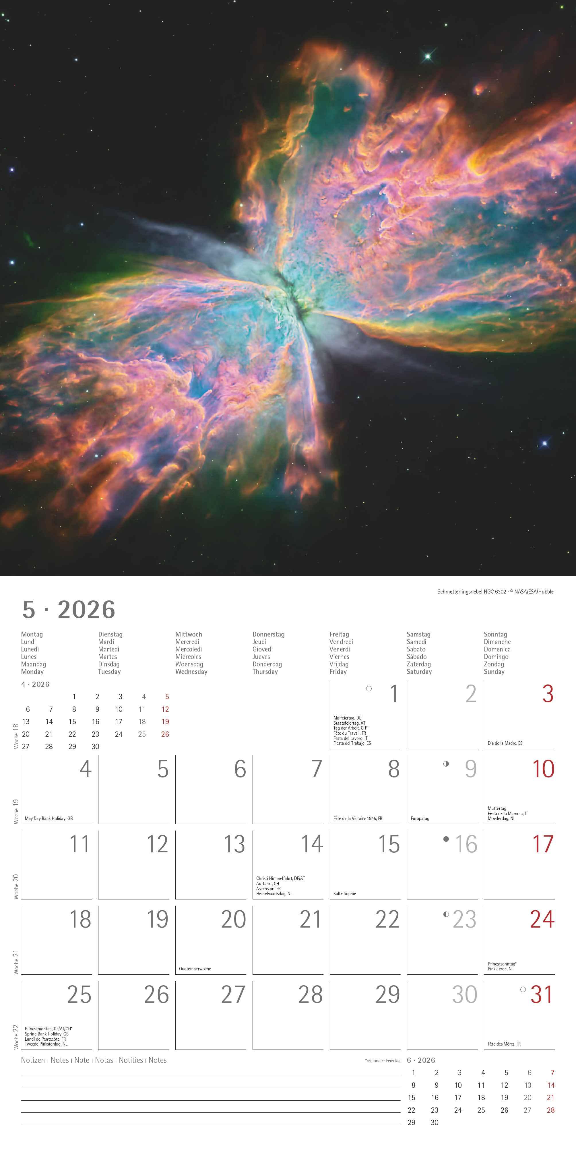 Beispielinhalt (Bild) Space 2026 - Broschürenkalender 30x30 cm (30x60 geöffnet) - Kalender mit Platz für Notizen - Weltraum - Bildkalender - Wandplaner - Wandkalender