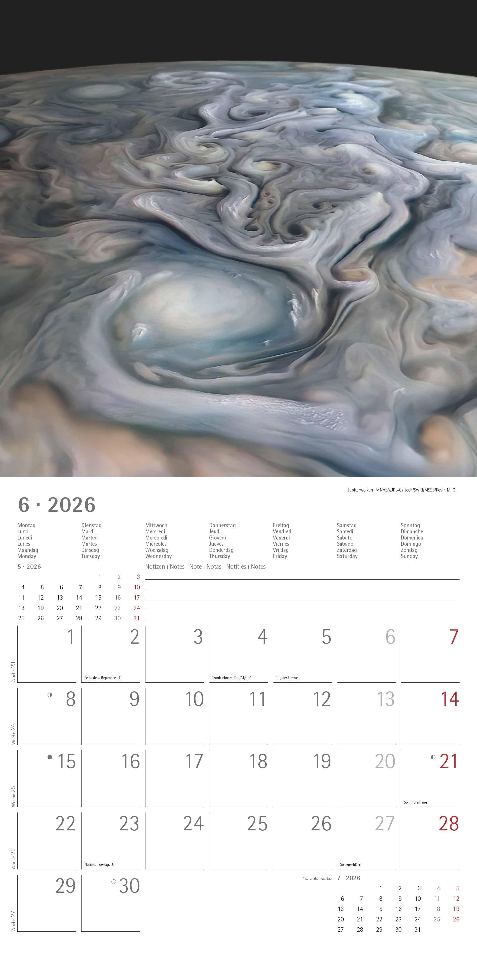 Beispielinhalt (Bild) Space 2026 - Broschürenkalender 30x30 cm (30x60 geöffnet) - Kalender mit Platz für Notizen - Weltraum - Bildkalender - Wandplaner - Wandkalender