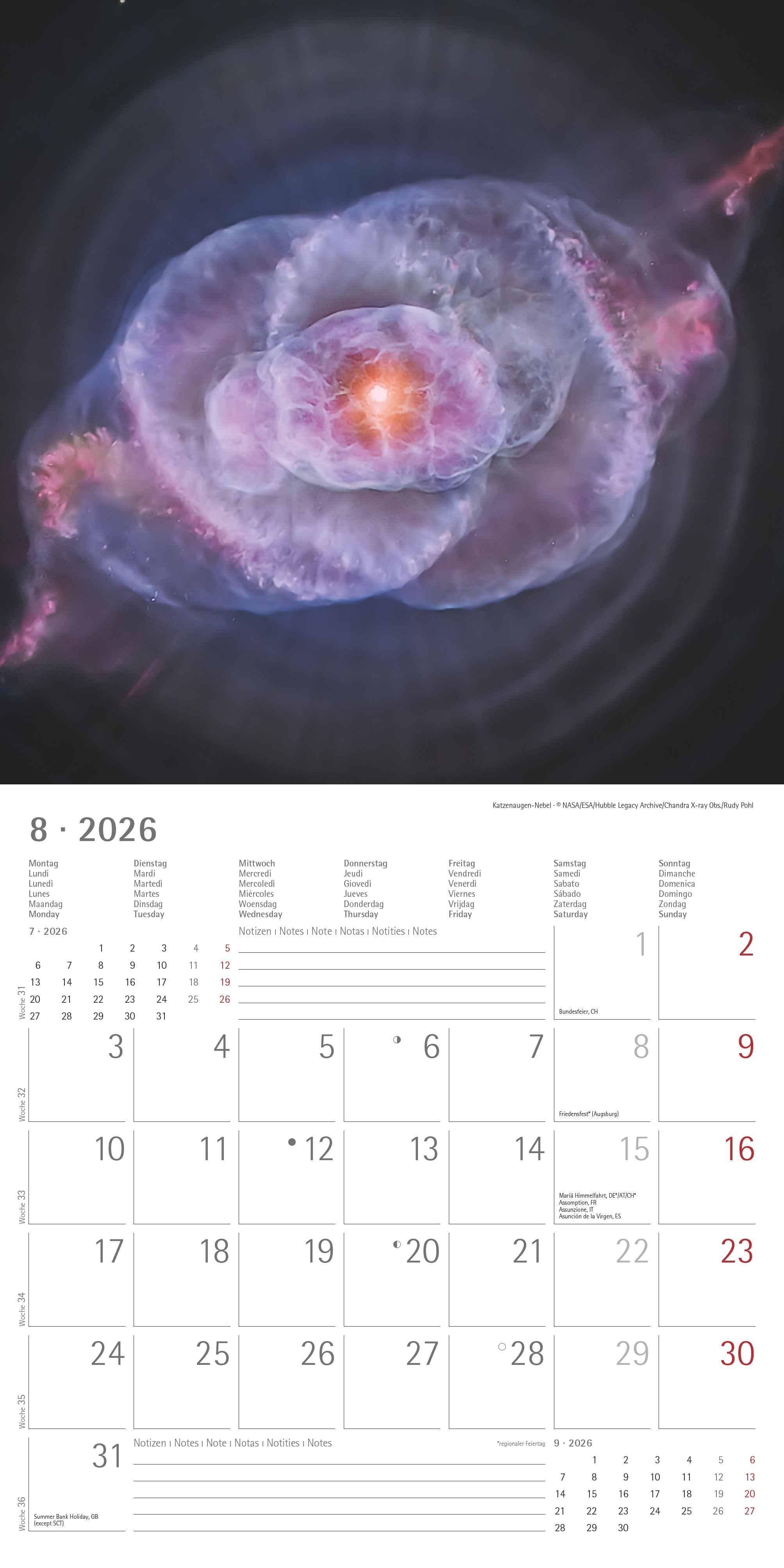 Beispielinhalt (Bild) Space 2026 - Broschürenkalender 30x30 cm (30x60 geöffnet) - Kalender mit Platz für Notizen - Weltraum - Bildkalender - Wandplaner - Wandkalender