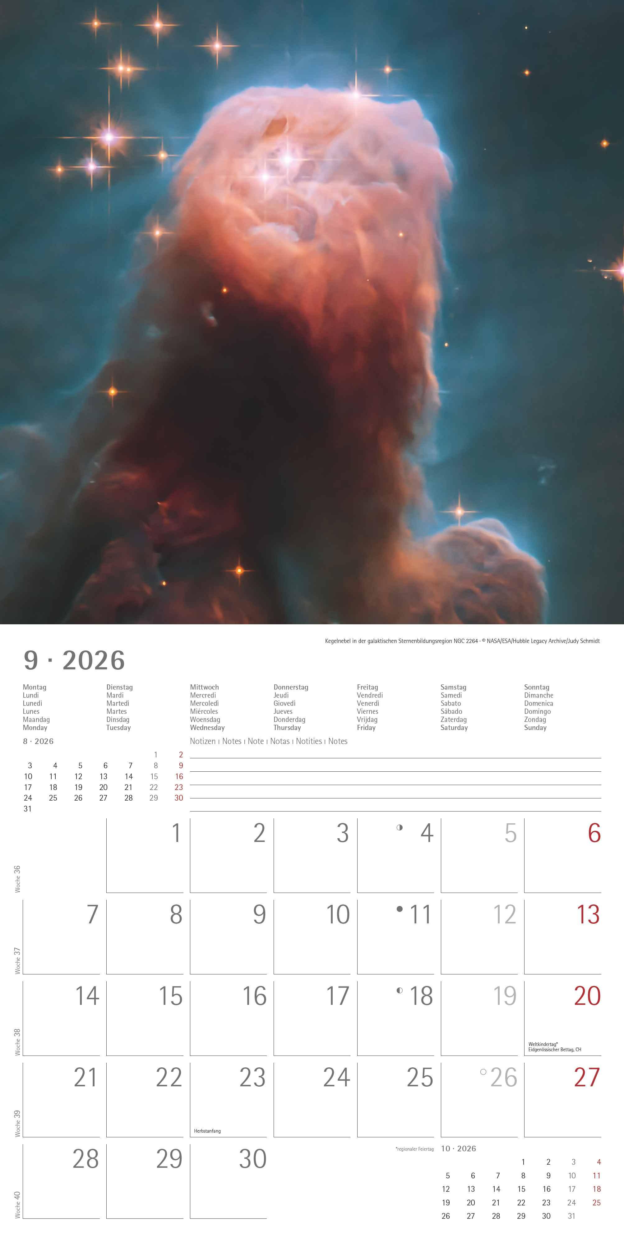 Beispielinhalt (Bild) Space 2026 - Broschürenkalender 30x30 cm (30x60 geöffnet) - Kalender mit Platz für Notizen - Weltraum - Bildkalender - Wandplaner - Wandkalender