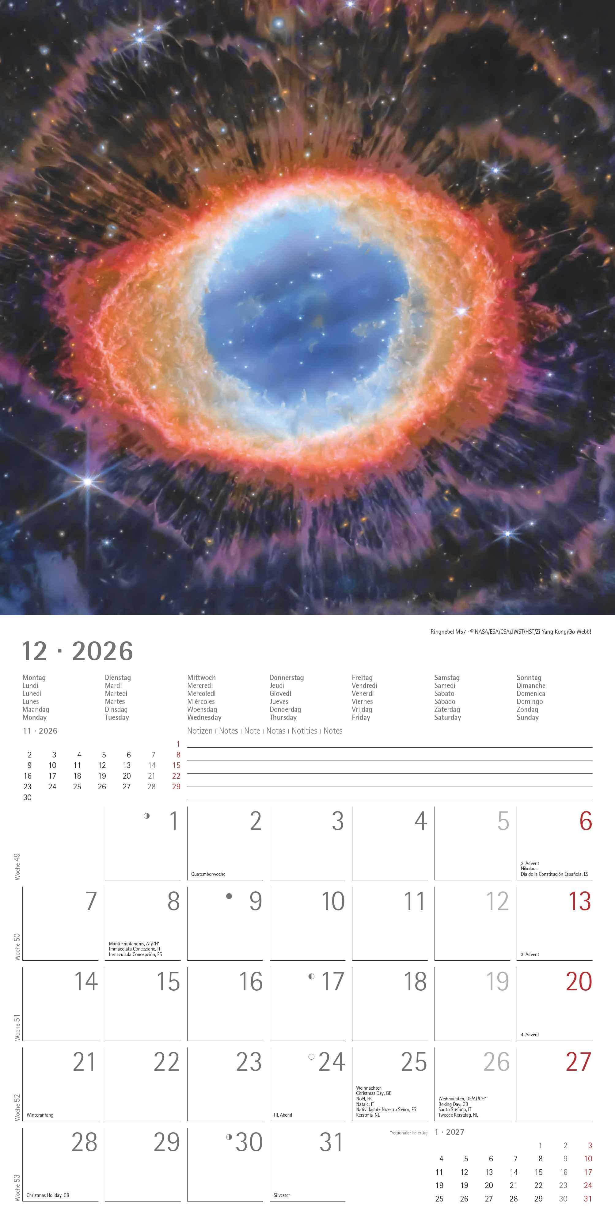 Beispielinhalt (Bild) Space 2026 - Broschürenkalender 30x30 cm (30x60 geöffnet) - Kalender mit Platz für Notizen - Weltraum - Bildkalender - Wandplaner - Wandkalender