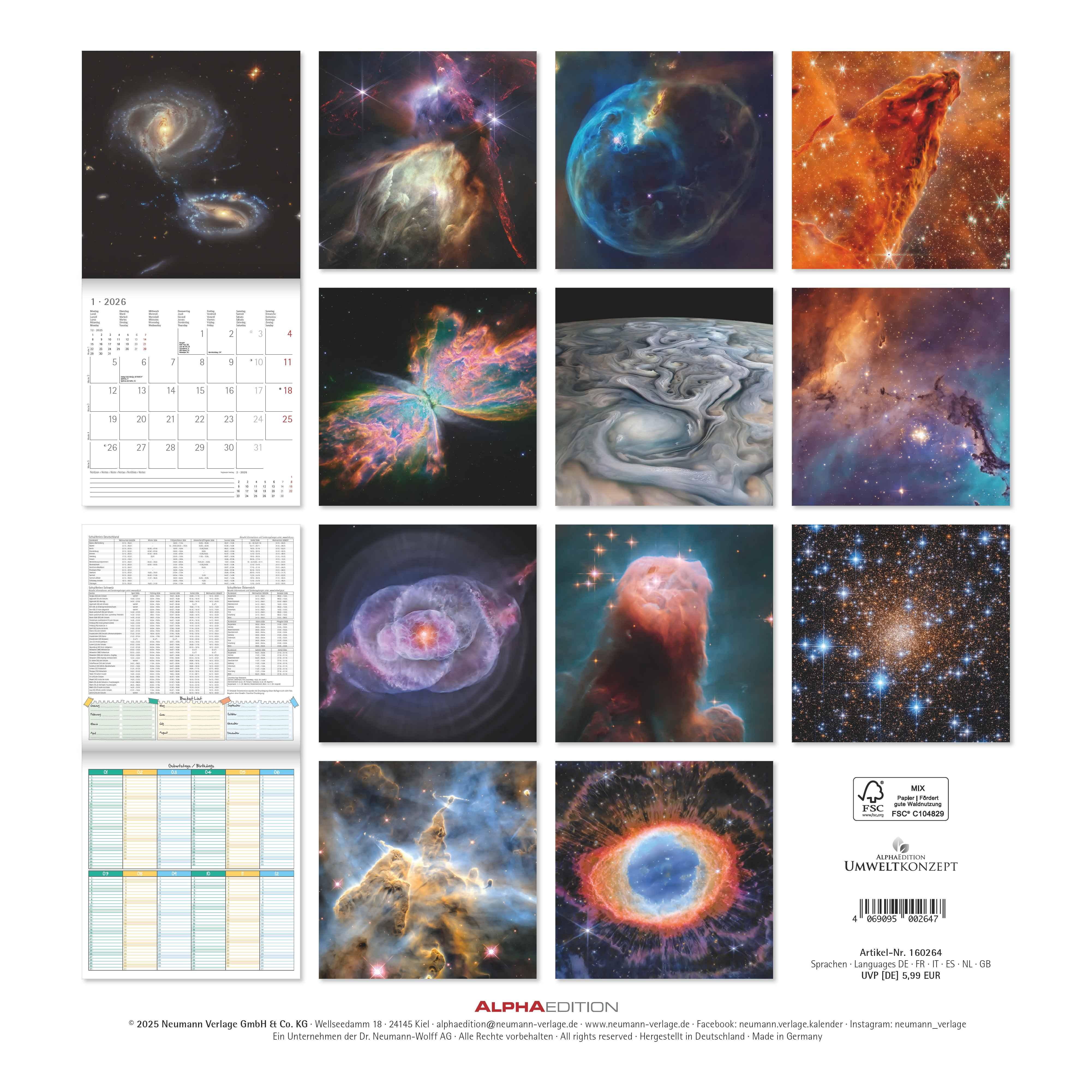 Rückseitencover Space 2026 - Broschürenkalender 30x30 cm (30x60 geöffnet) - Kalender mit Platz für Notizen - Weltraum - Bildkalender - Wandplaner - Wandkalender