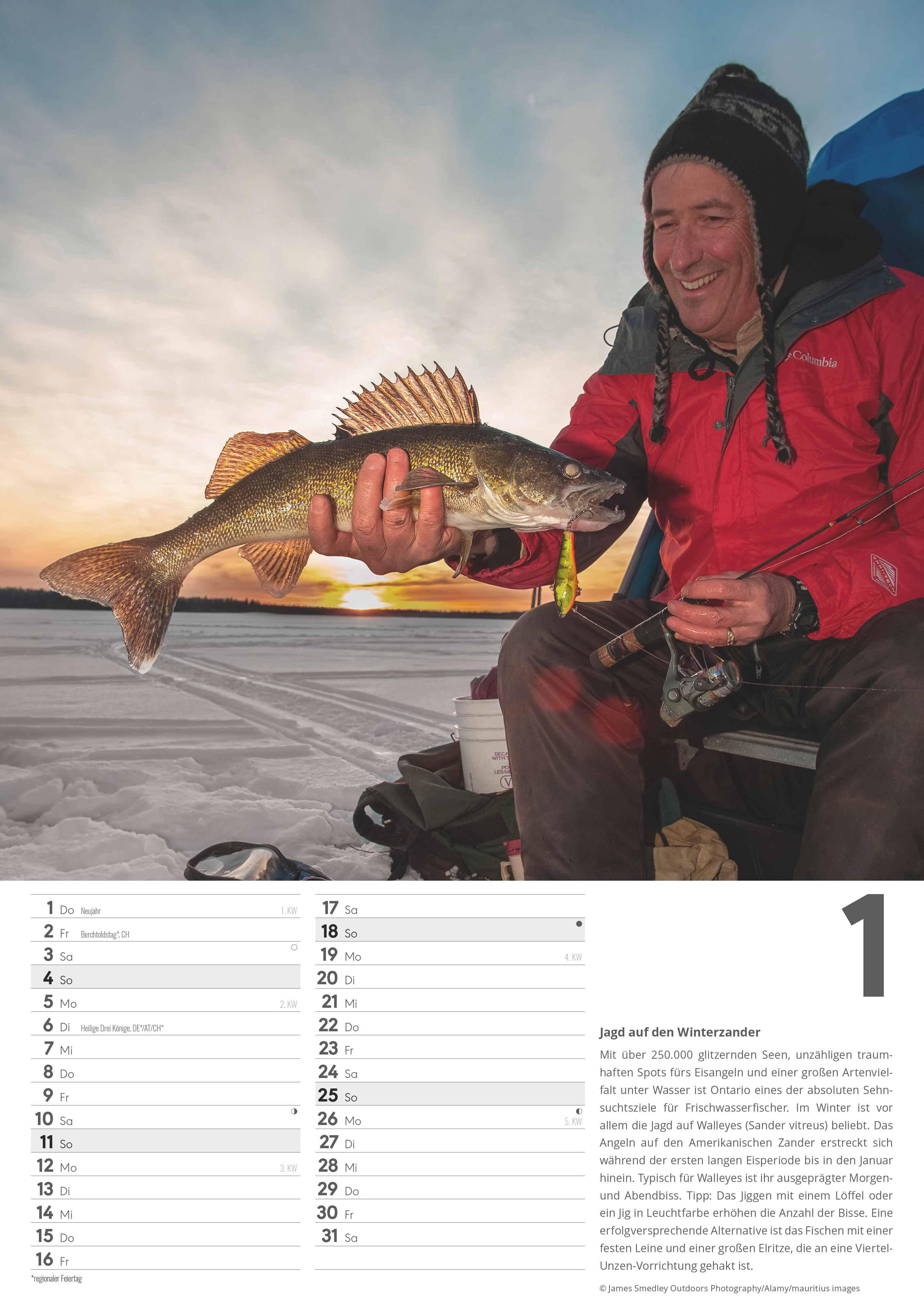 Beispielinhalt (Bild) Der große Angelkalender 2026 - Bildkalender A3 (29,7x42 cm) - mit vielen Zusatzinformationen aus der Anglerwelt und Platz für Notizen - Wandkalender