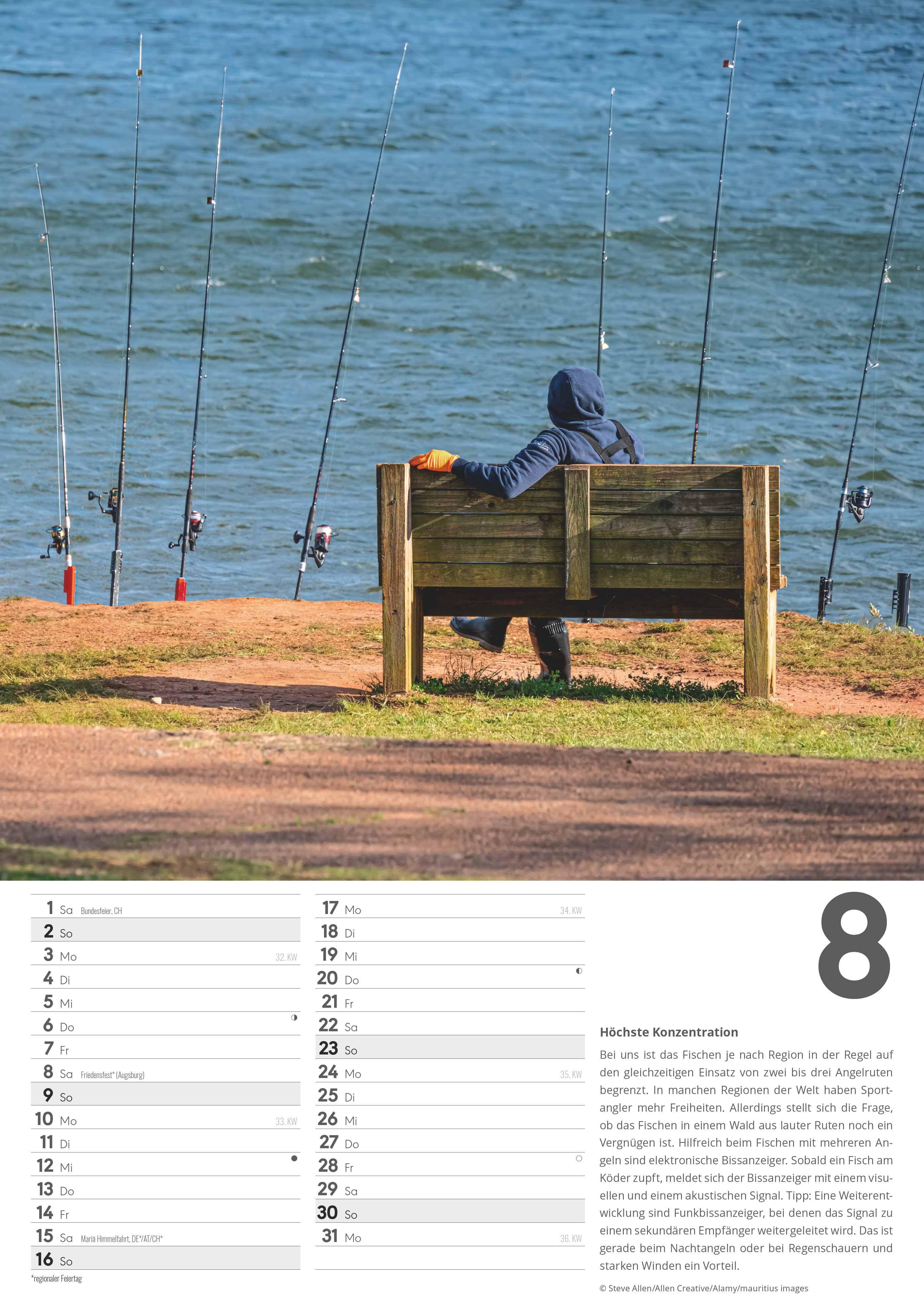 Beispielinhalt (Bild) Der große Angelkalender 2026 - Bildkalender A3 (29,7x42 cm) - mit vielen Zusatzinformationen aus der Anglerwelt und Platz für Notizen - Wandkalender