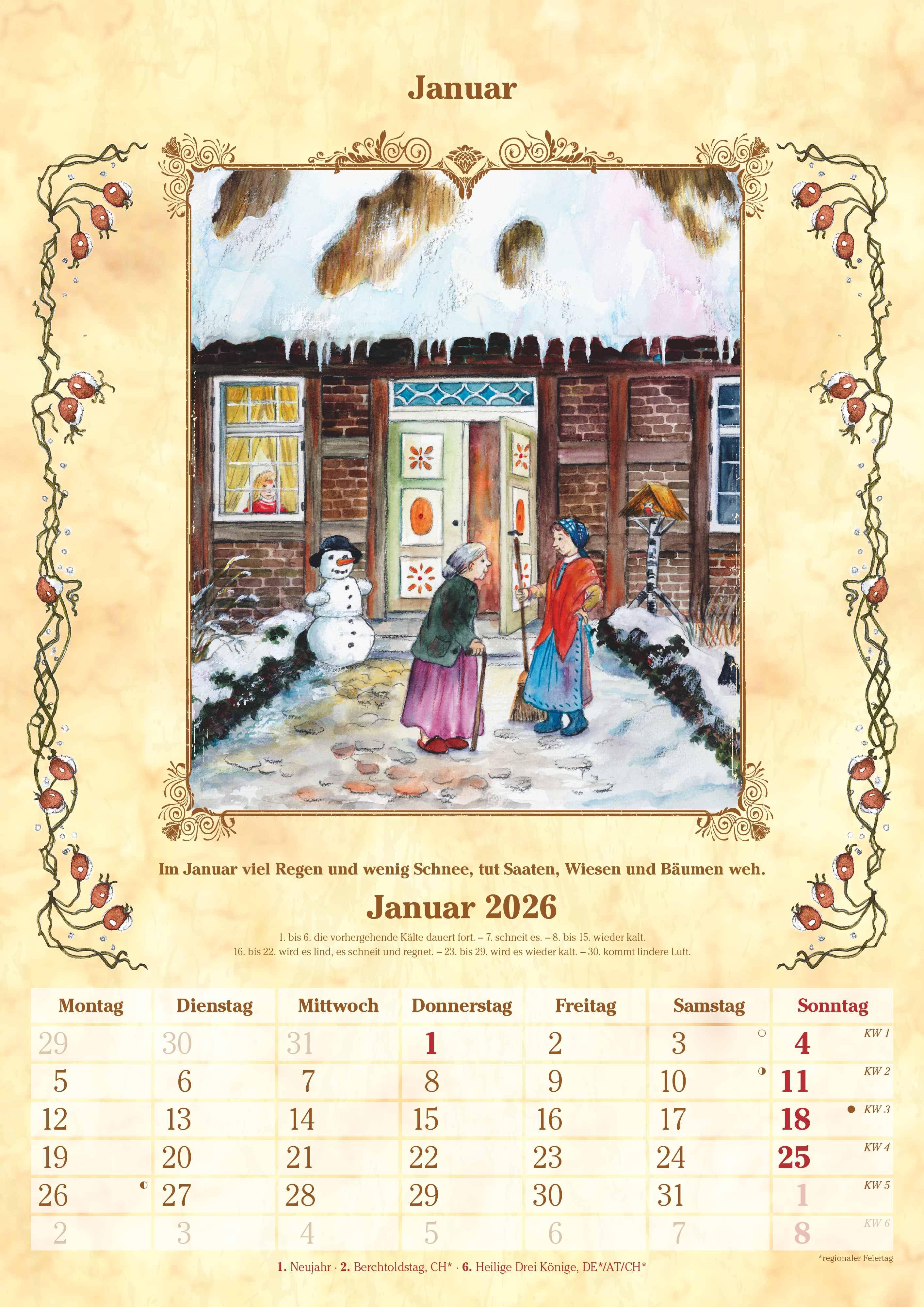 Beispielinhalt (Bild) Bauernkalender 2026 - Bildkalender A3 (29,7x42 cm) - mit Feiertagen (DE/AT/CH) und Platz für Notizen - inkl. Bauernregeln - Wandkalender