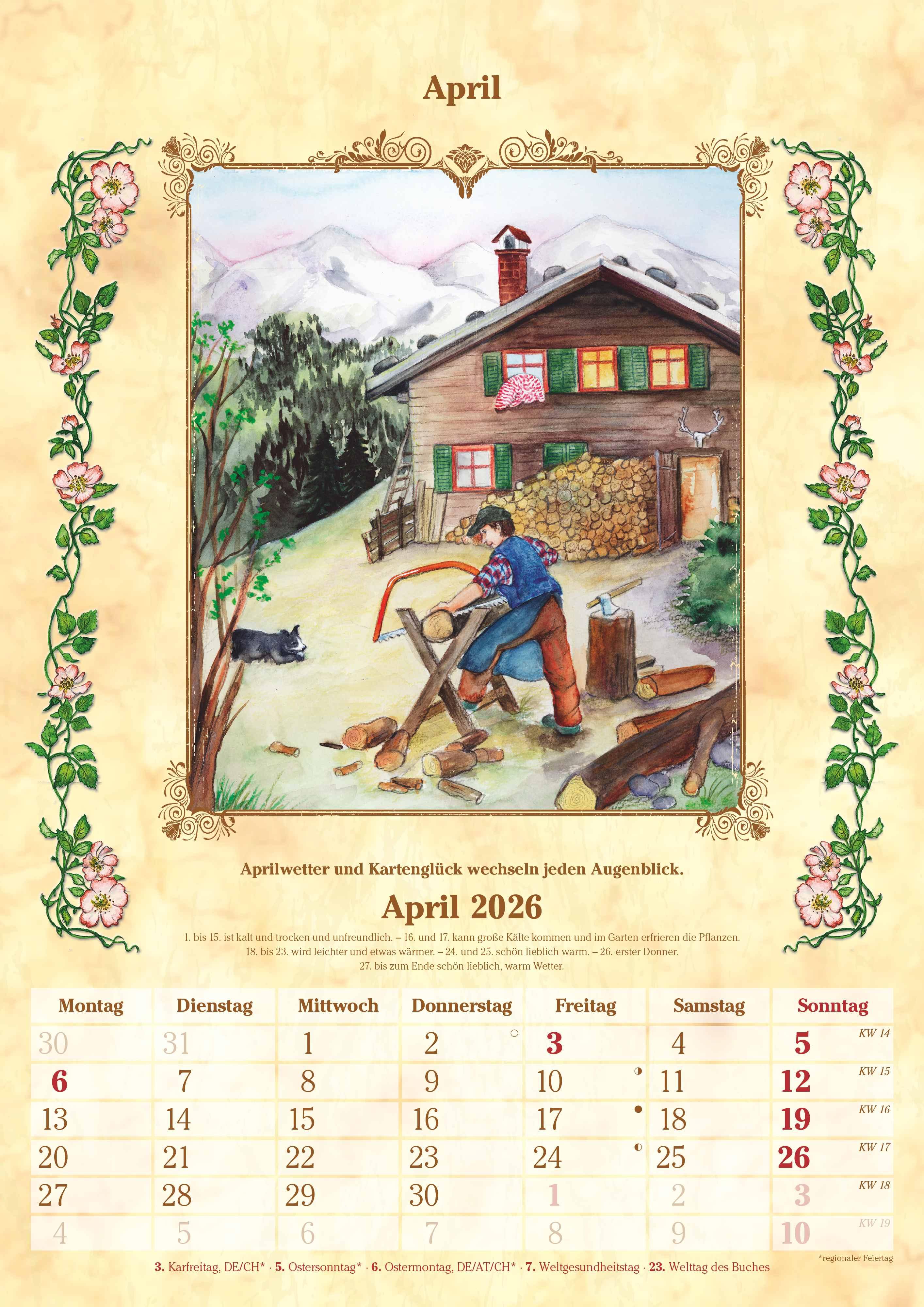 Beispielinhalt (Bild) Bauernkalender 2026 - Bildkalender A3 (29,7x42 cm) - mit Feiertagen (DE/AT/CH) und Platz für Notizen - inkl. Bauernregeln - Wandkalender