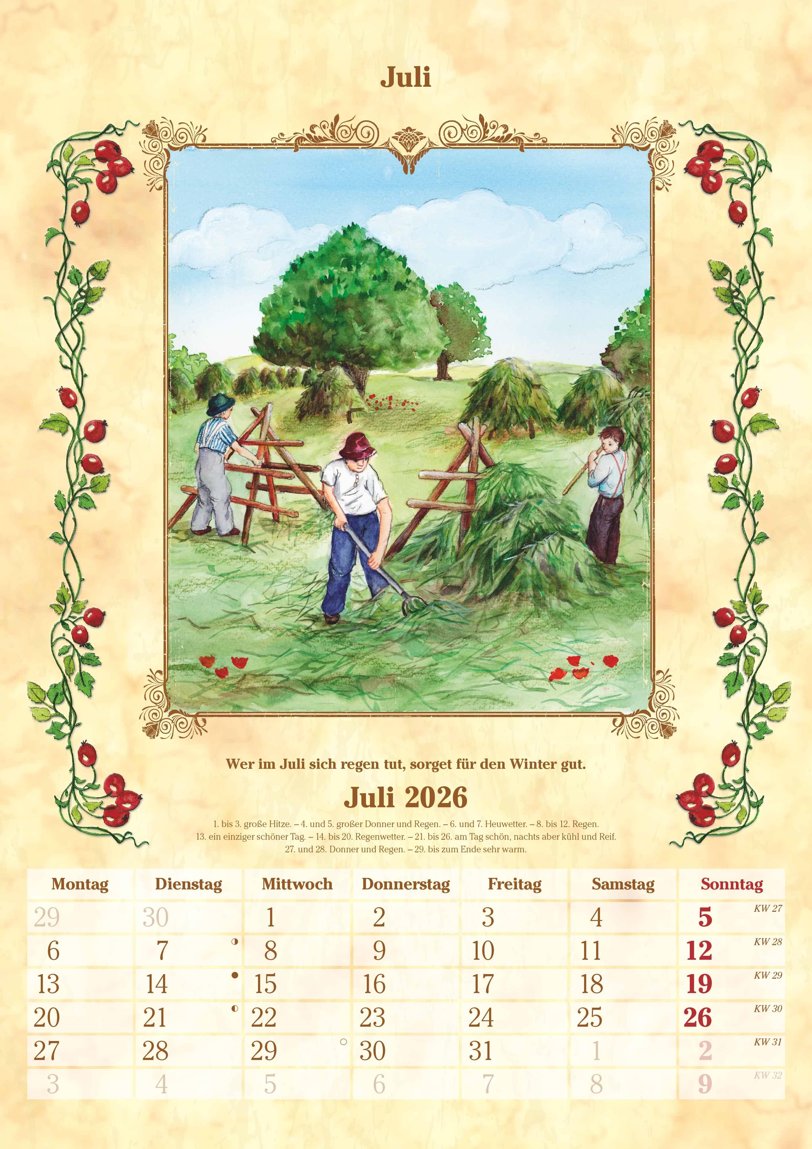 Beispielinhalt (Bild) Bauernkalender 2026 - Bildkalender A3 (29,7x42 cm) - mit Feiertagen (DE/AT/CH) und Platz für Notizen - inkl. Bauernregeln - Wandkalender