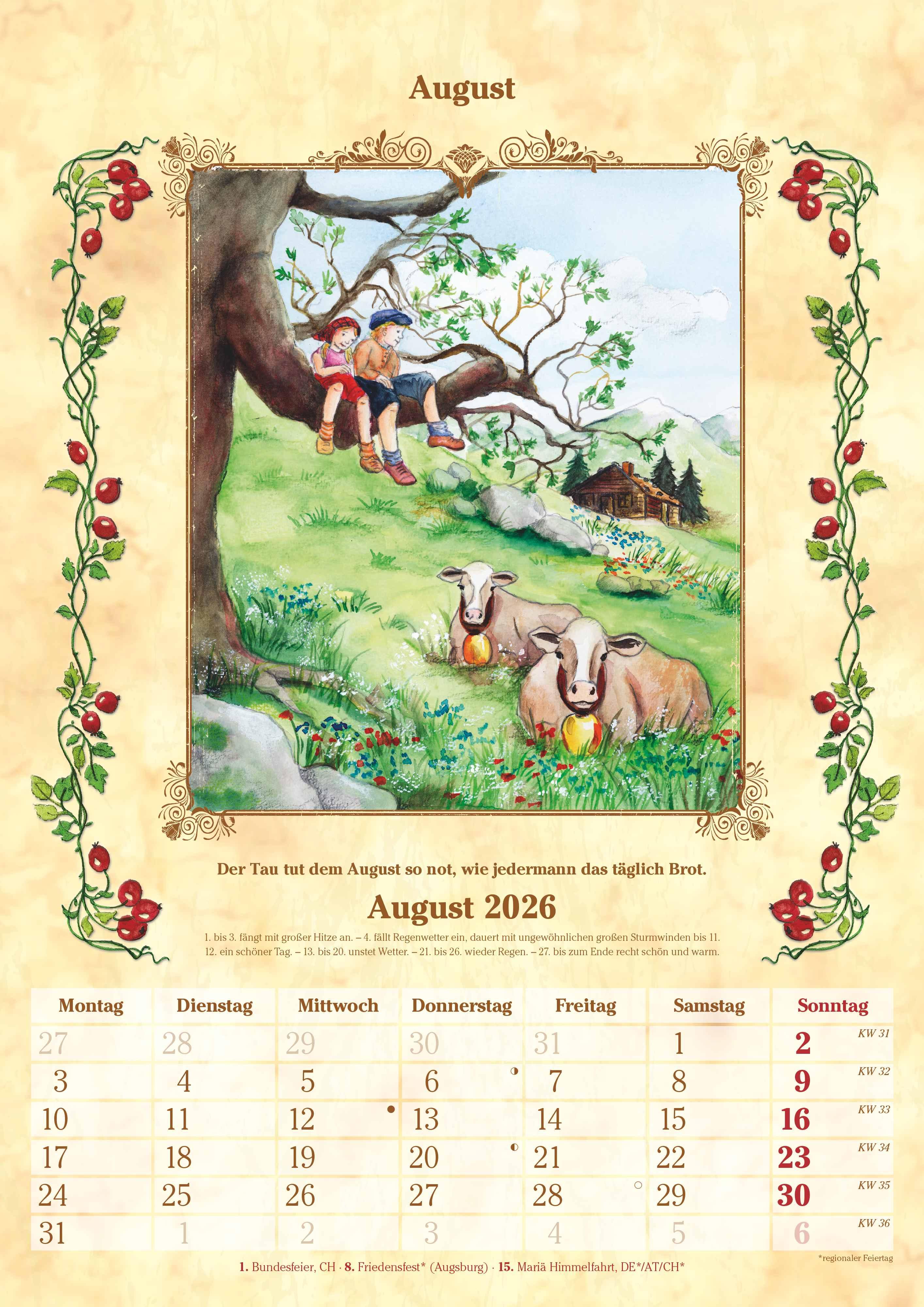 Beispielinhalt (Bild) Bauernkalender 2026 - Bildkalender A3 (29,7x42 cm) - mit Feiertagen (DE/AT/CH) und Platz für Notizen - inkl. Bauernregeln - Wandkalender