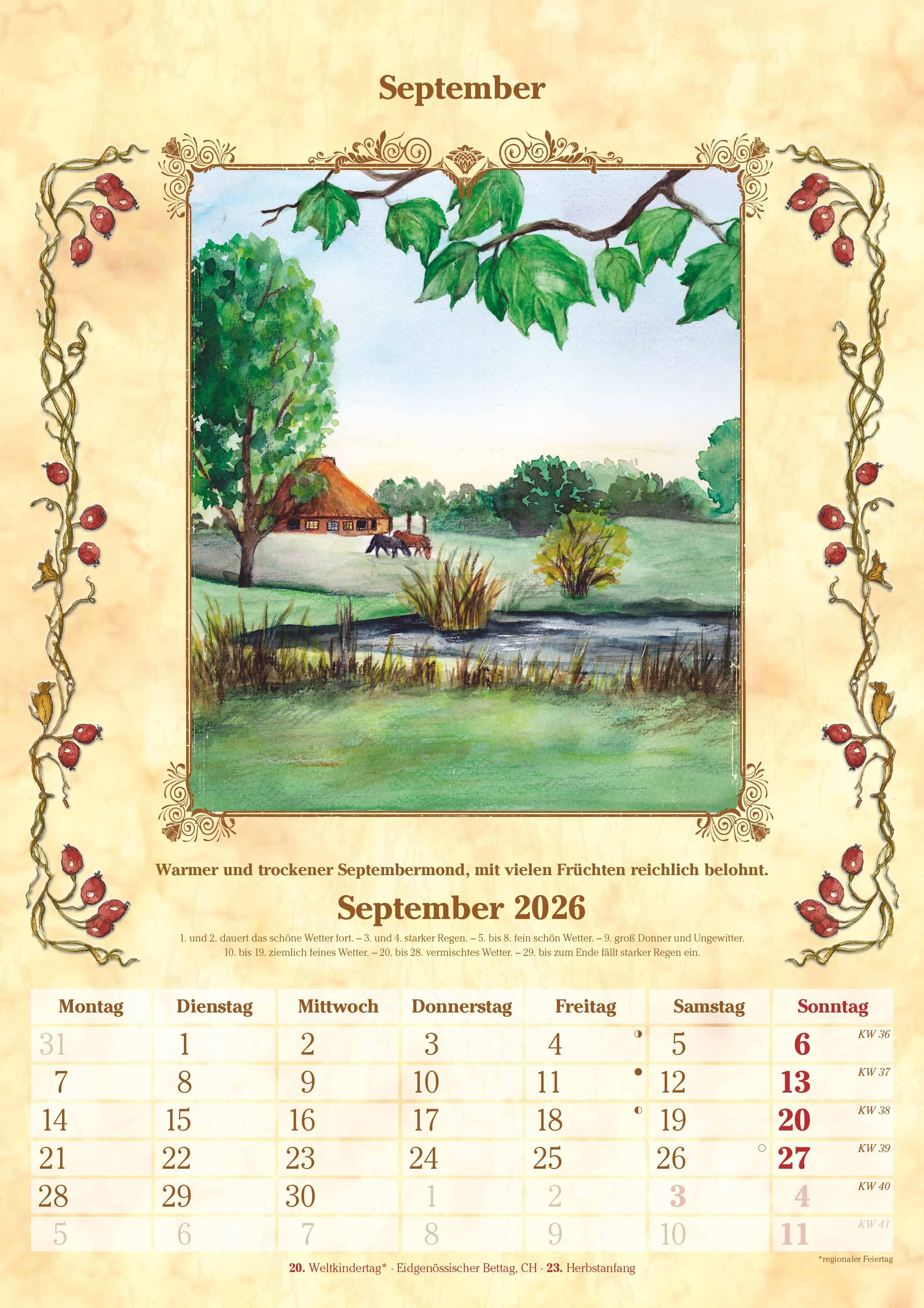 Beispielinhalt (Bild) Bauernkalender 2026 - Bildkalender A3 (29,7x42 cm) - mit Feiertagen (DE/AT/CH) und Platz für Notizen - inkl. Bauernregeln - Wandkalender