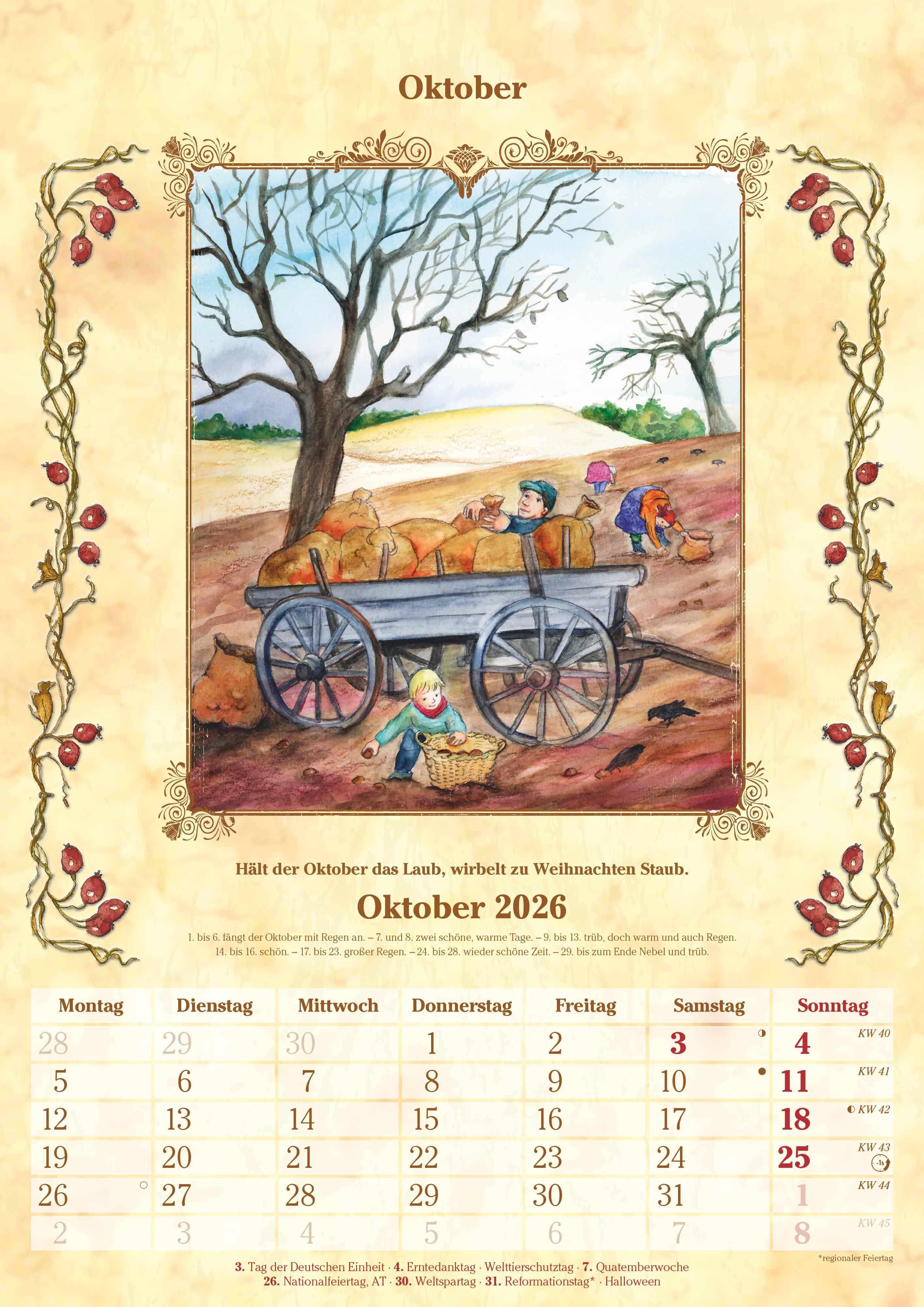 Beispielinhalt (Bild) Bauernkalender 2026 - Bildkalender A3 (29,7x42 cm) - mit Feiertagen (DE/AT/CH) und Platz für Notizen - inkl. Bauernregeln - Wandkalender