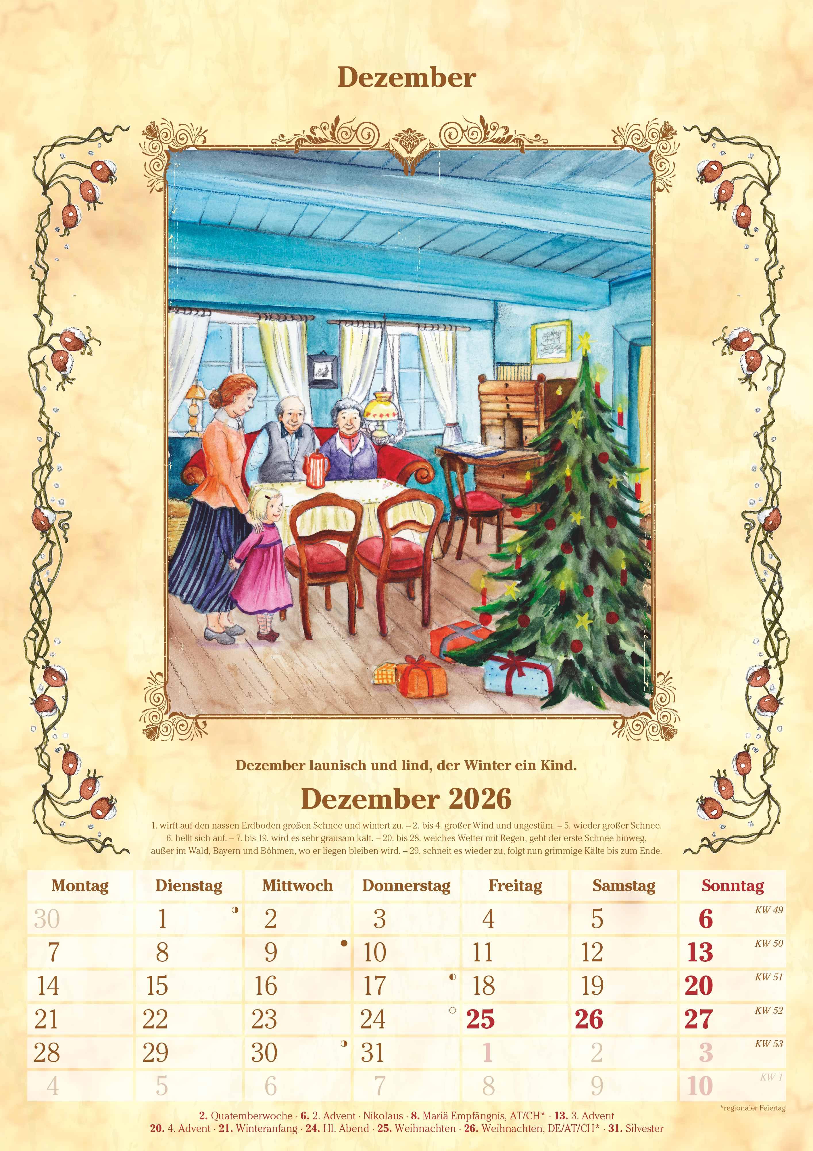 Beispielinhalt (Bild) Bauernkalender 2026 - Bildkalender A3 (29,7x42 cm) - mit Feiertagen (DE/AT/CH) und Platz für Notizen - inkl. Bauernregeln - Wandkalender