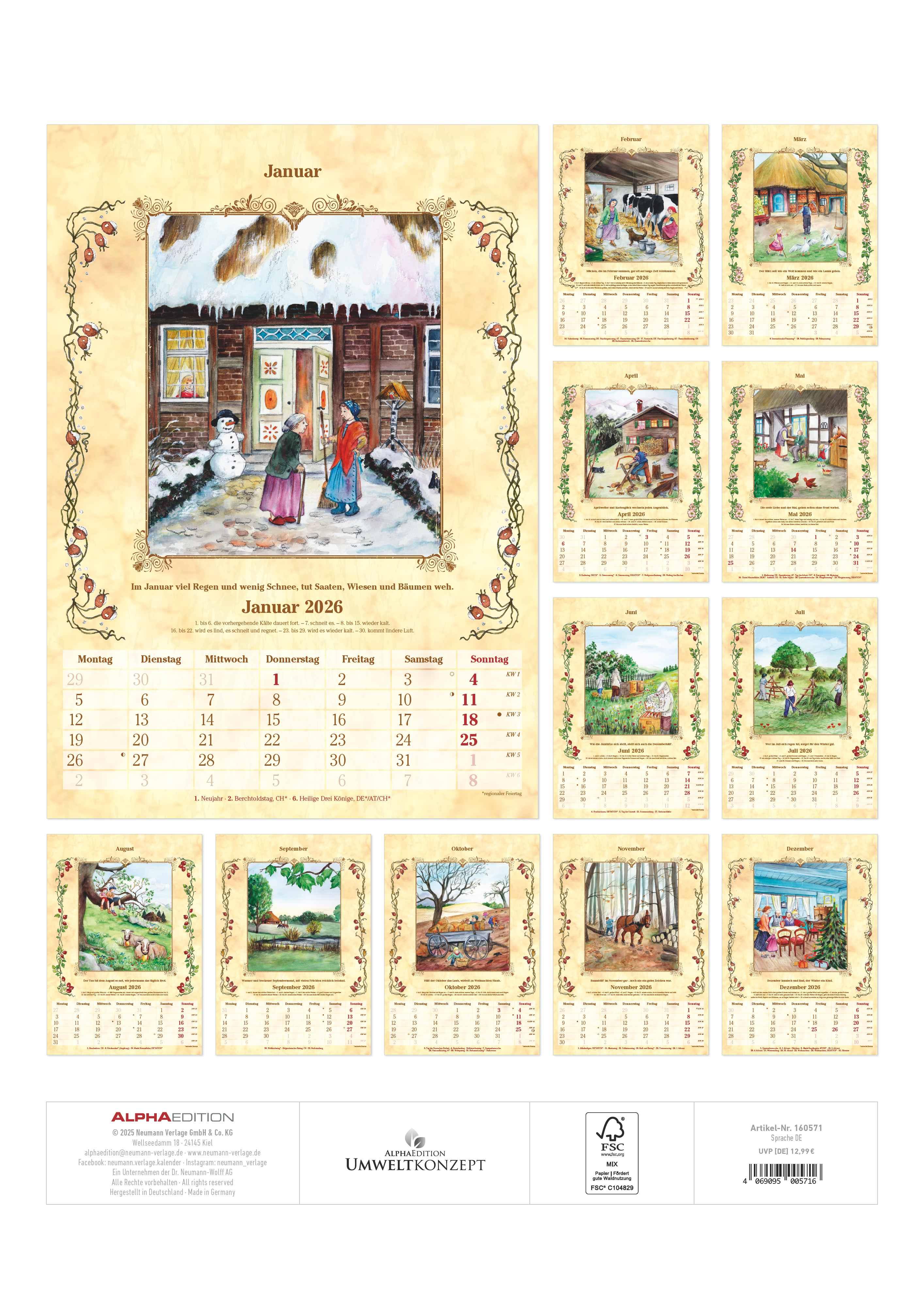Rückseitencover Bauernkalender 2026 - Bildkalender A3 (29,7x42 cm) - mit Feiertagen (DE/AT/CH) und Platz für Notizen - inkl. Bauernregeln - Wandkalender