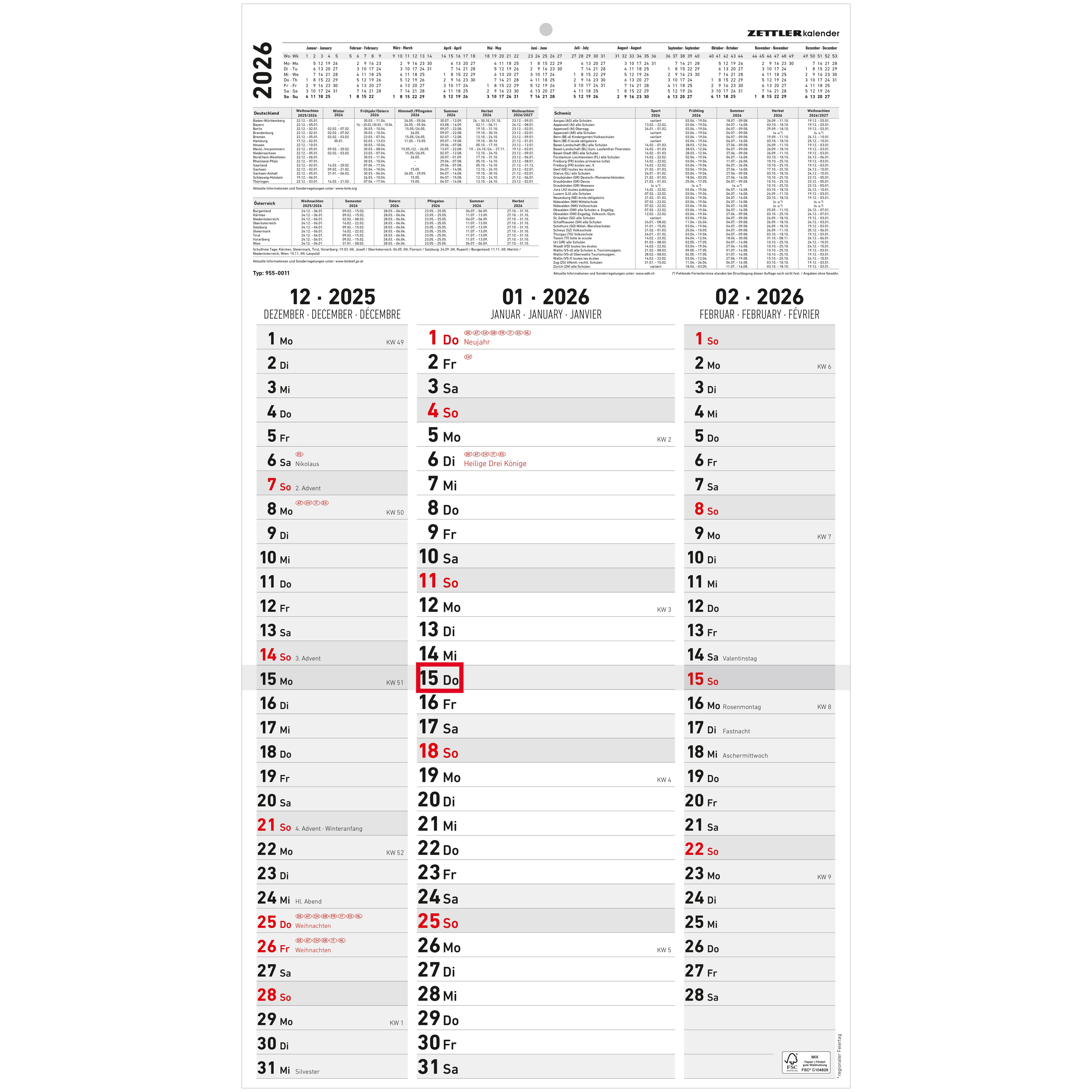 Vorderes Coverbild 3-Monatskalender Streifenplaner 2026 - Büro-Kalender 33x58,8 cm (geöffnet) - mit Datumsschieber - Zettler - 955-0011