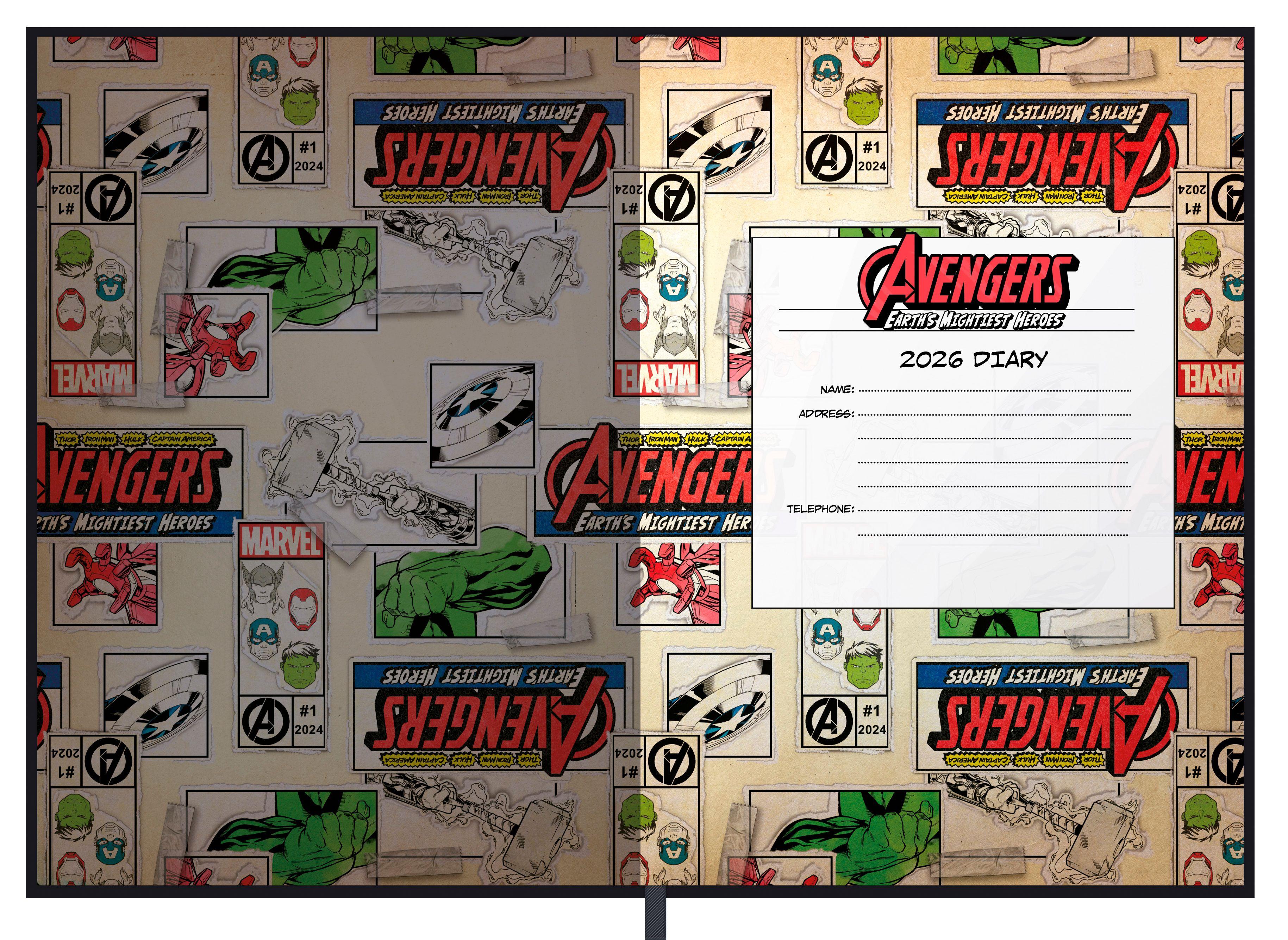 Beispielinhalt (Bild) Pyramid - Avengers 2026 - Buchkalender A5 (15×21 cm) mit wöchentlichen Motiven von Spider-Man, Iron Man, Thor & Captain America, Planer für Schule, Uni & Superhelden-Fans