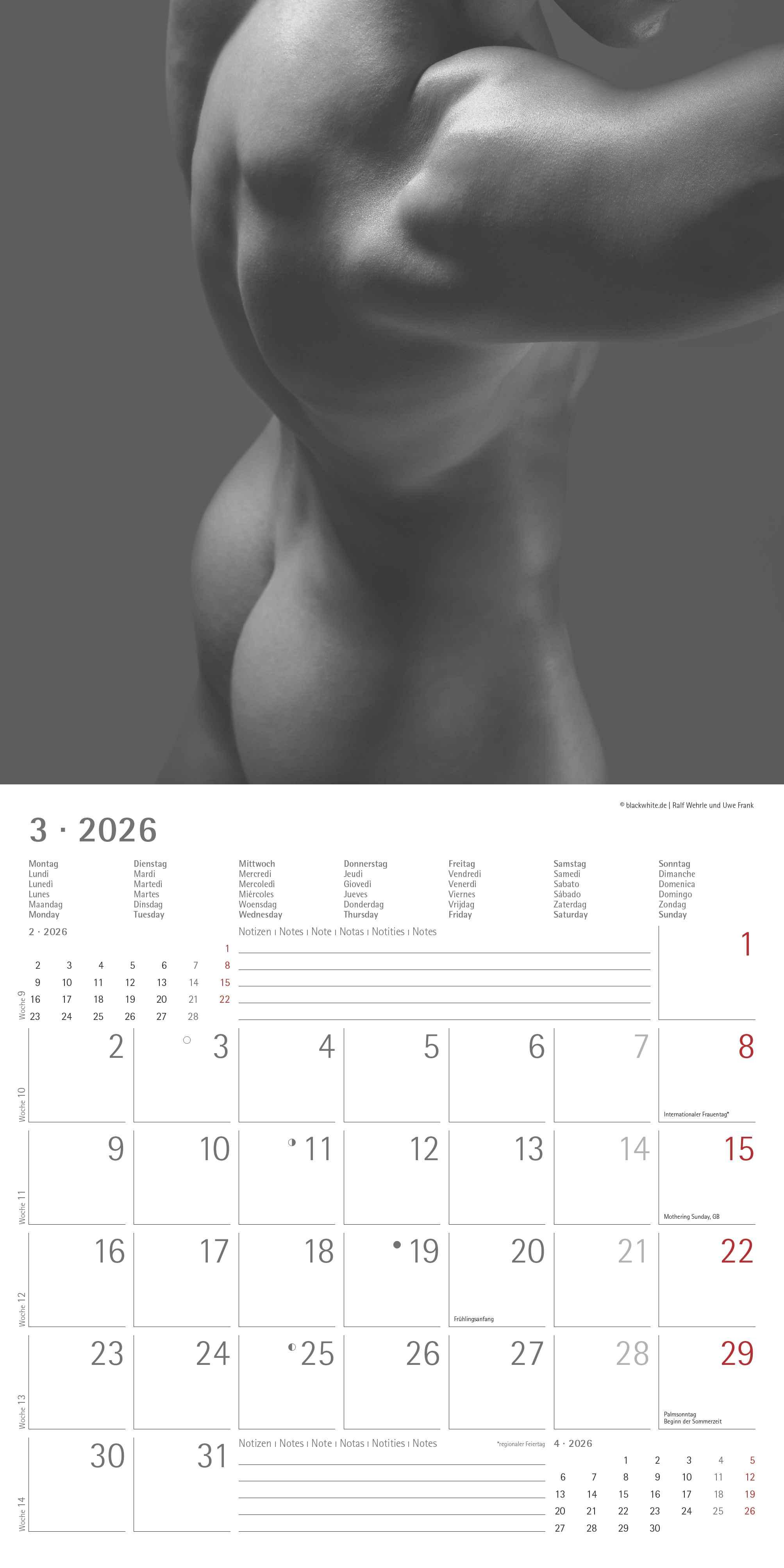 Beispielinhalt (Bild) Masculine 2026 - Broschürenkalender 30x30 cm (30x60 geöffnet) - Kalender mit Platz für Notizen - Maskulin - Bildkalender - Wandplaner - Erotikkalender
