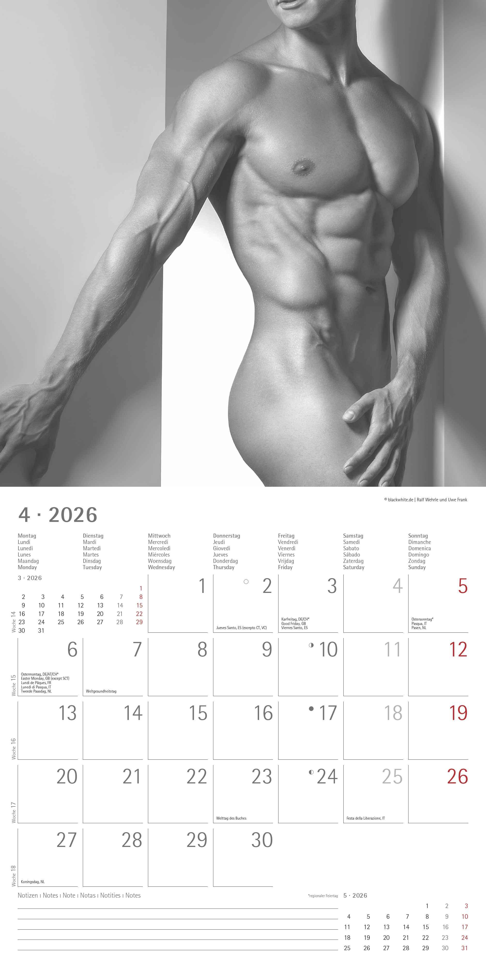 Beispielinhalt (Bild) Masculine 2026 - Broschürenkalender 30x30 cm (30x60 geöffnet) - Kalender mit Platz für Notizen - Maskulin - Bildkalender - Wandplaner - Erotikkalender