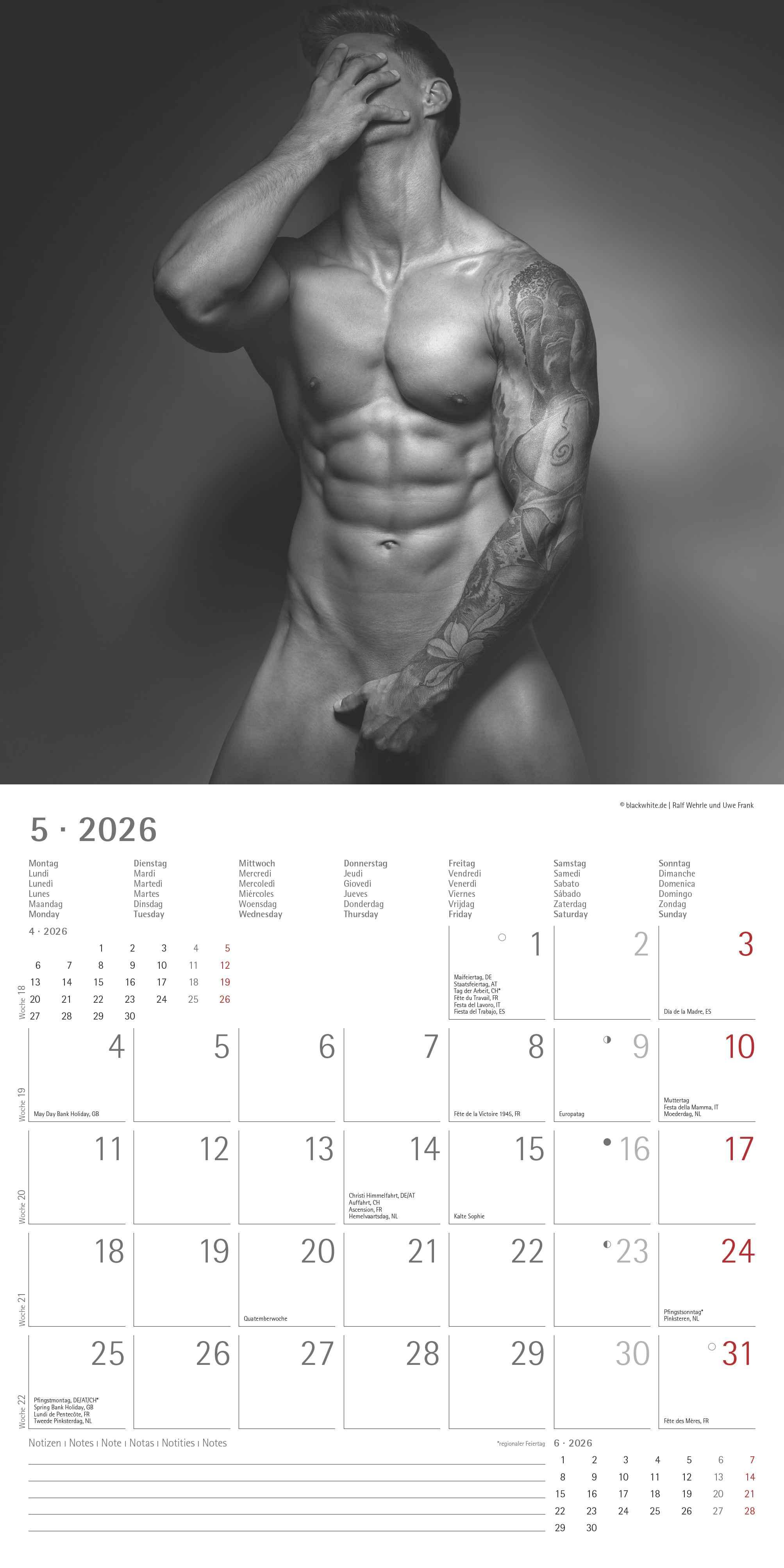Beispielinhalt (Bild) Masculine 2026 - Broschürenkalender 30x30 cm (30x60 geöffnet) - Kalender mit Platz für Notizen - Maskulin - Bildkalender - Wandplaner - Erotikkalender