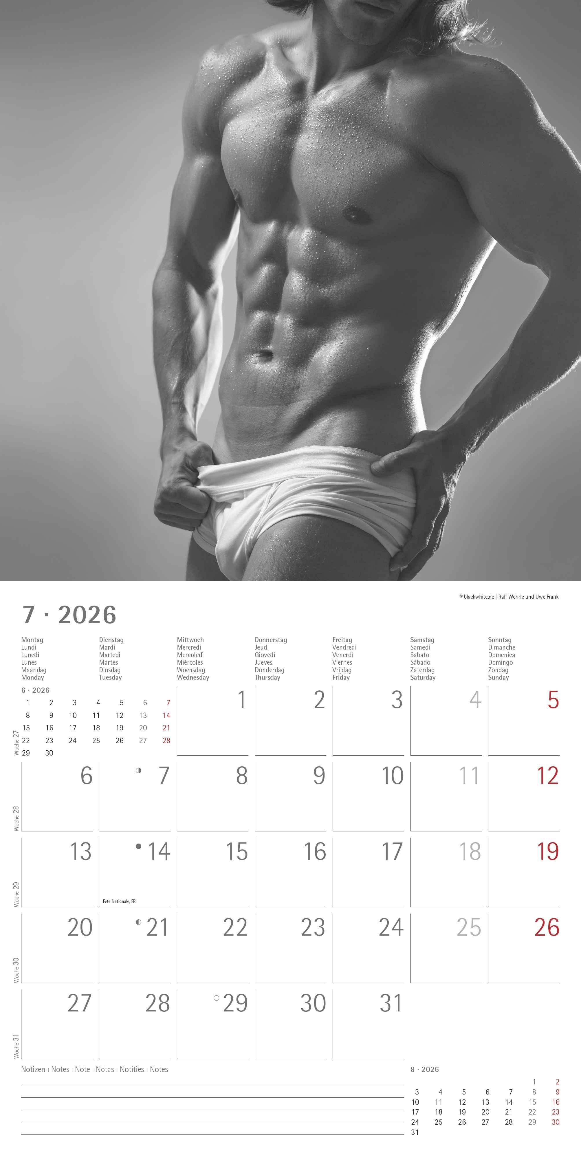 Beispielinhalt (Bild) Masculine 2026 - Broschürenkalender 30x30 cm (30x60 geöffnet) - Kalender mit Platz für Notizen - Maskulin - Bildkalender - Wandplaner - Erotikkalender