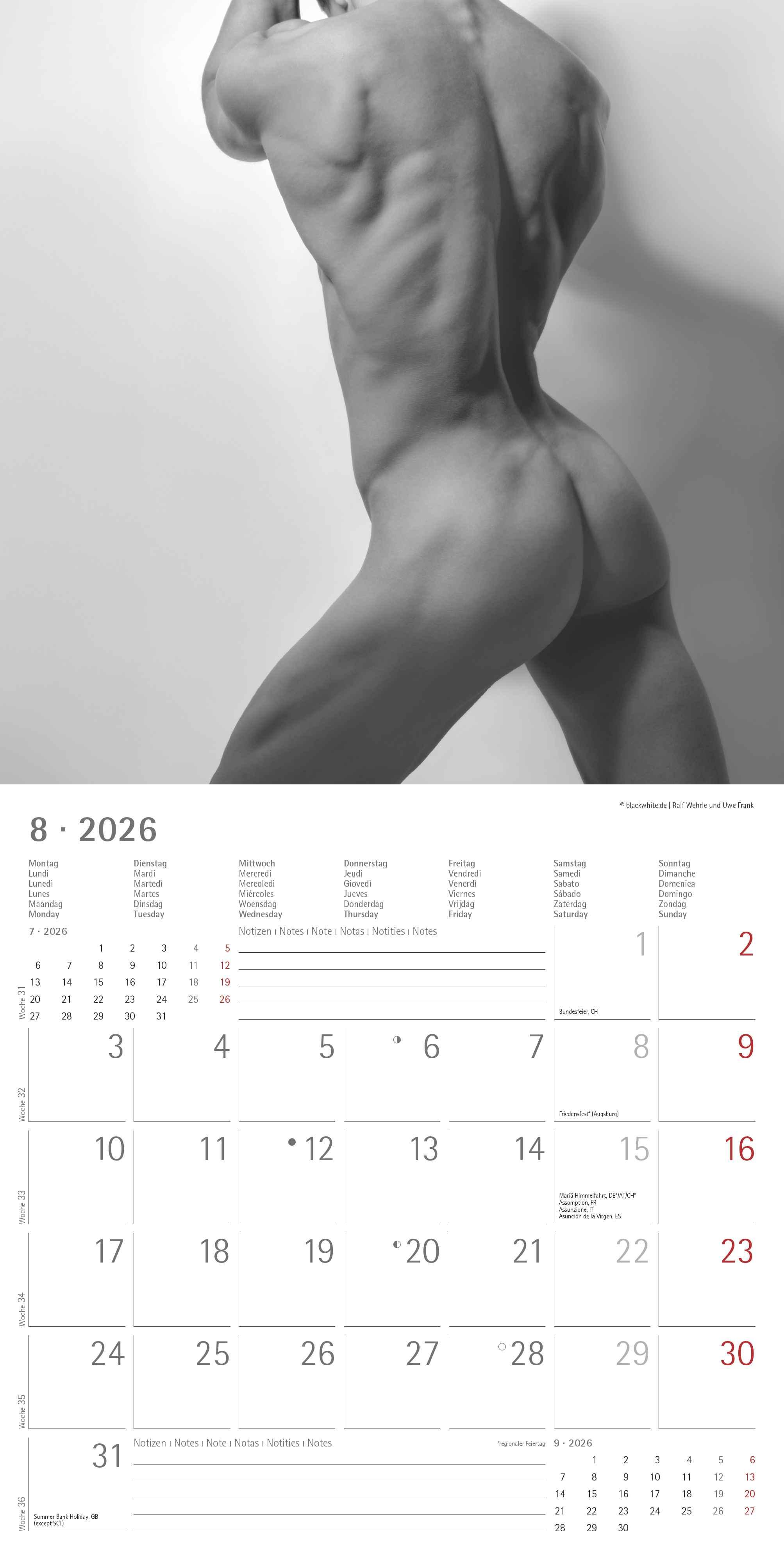 Beispielinhalt (Bild) Masculine 2026 - Broschürenkalender 30x30 cm (30x60 geöffnet) - Kalender mit Platz für Notizen - Maskulin - Bildkalender - Wandplaner - Erotikkalender