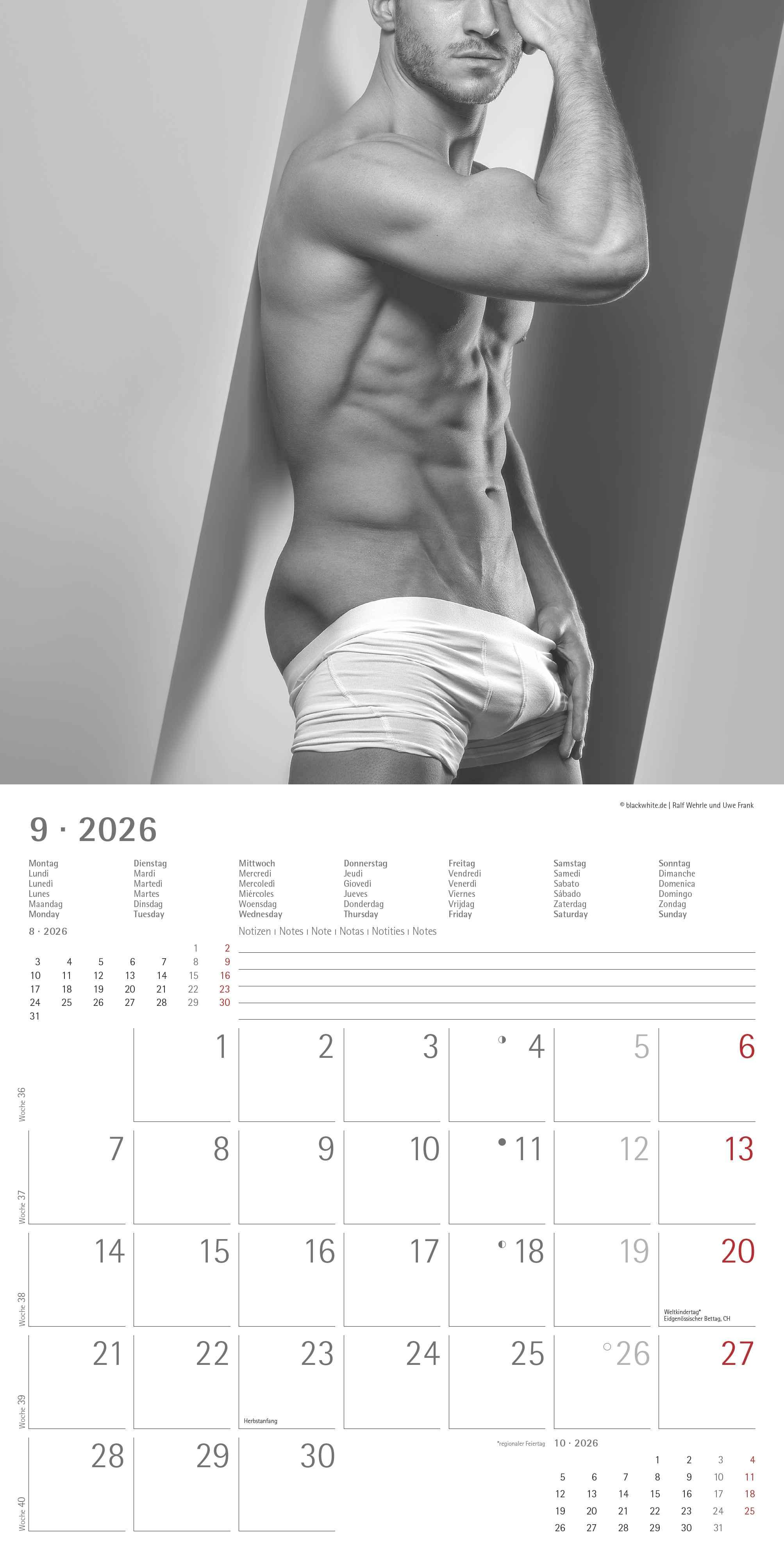 Beispielinhalt (Bild) Masculine 2026 - Broschürenkalender 30x30 cm (30x60 geöffnet) - Kalender mit Platz für Notizen - Maskulin - Bildkalender - Wandplaner - Erotikkalender