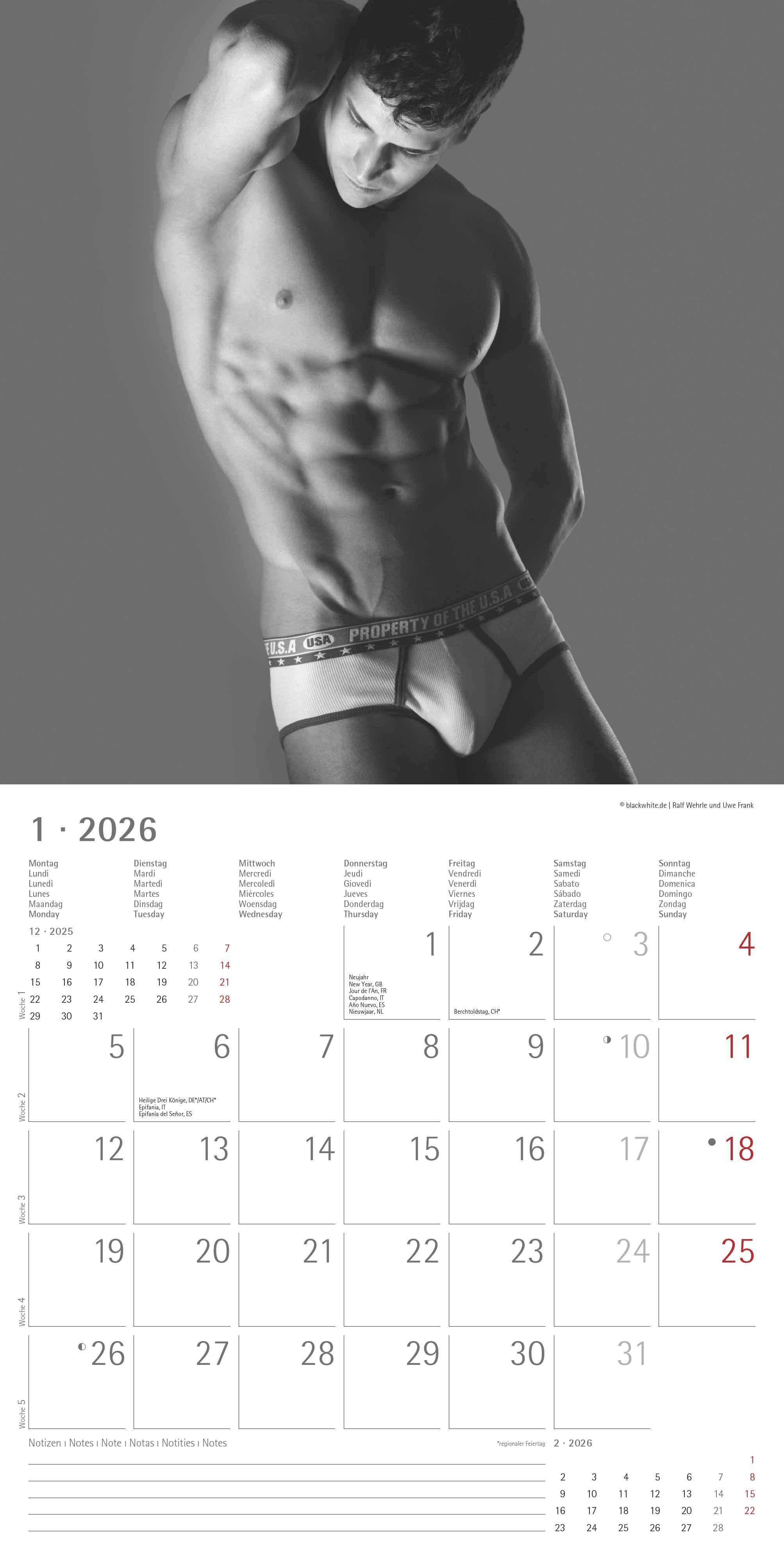 Beispielinhalt (Bild) Masculine 2026 - Broschürenkalender 30x30 cm (30x60 geöffnet) - Kalender mit Platz für Notizen - Maskulin - Bildkalender - Wandplaner - Erotikkalender