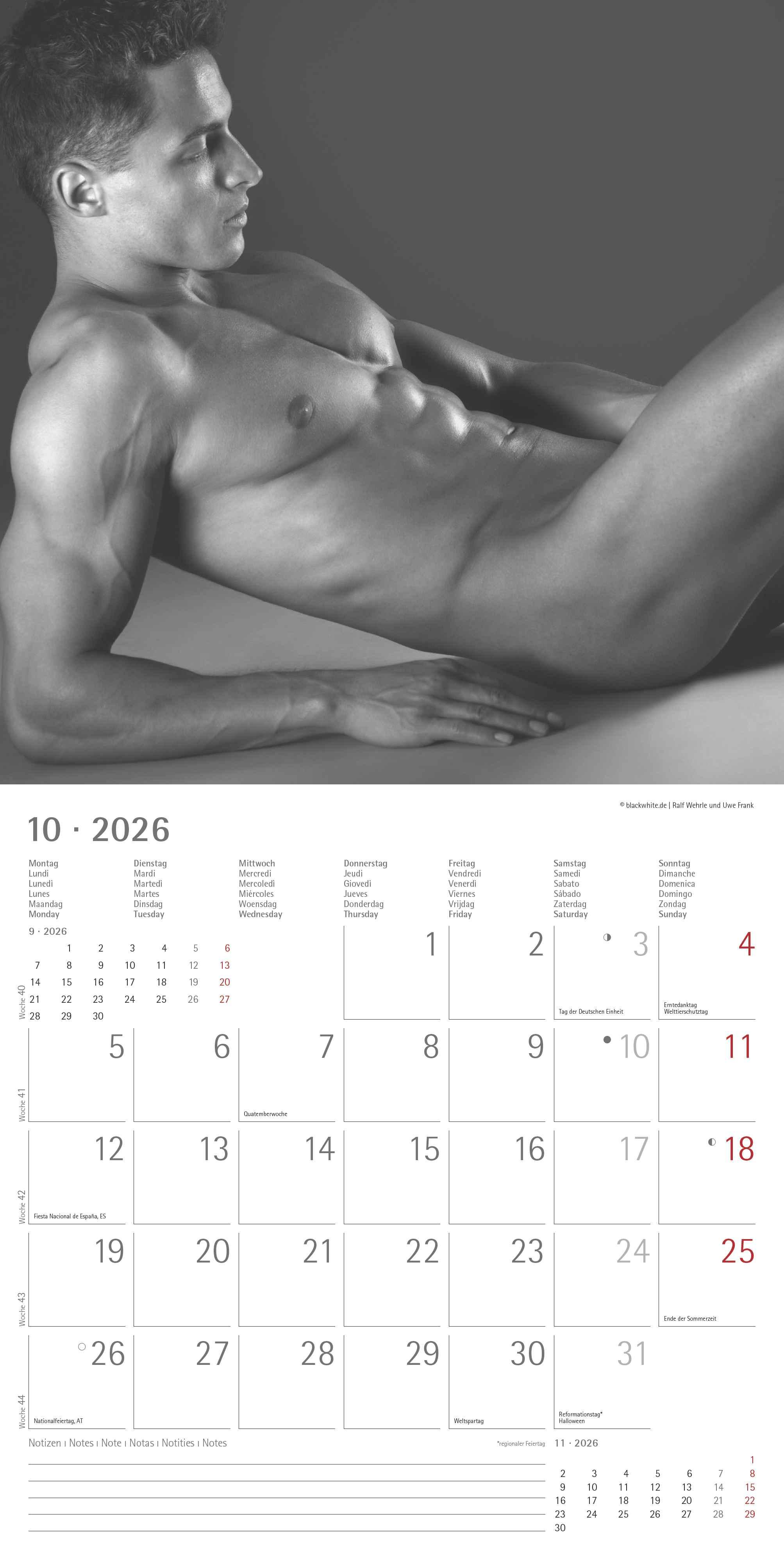 Beispielinhalt (Bild) Masculine 2026 - Broschürenkalender 30x30 cm (30x60 geöffnet) - Kalender mit Platz für Notizen - Maskulin - Bildkalender - Wandplaner - Erotikkalender