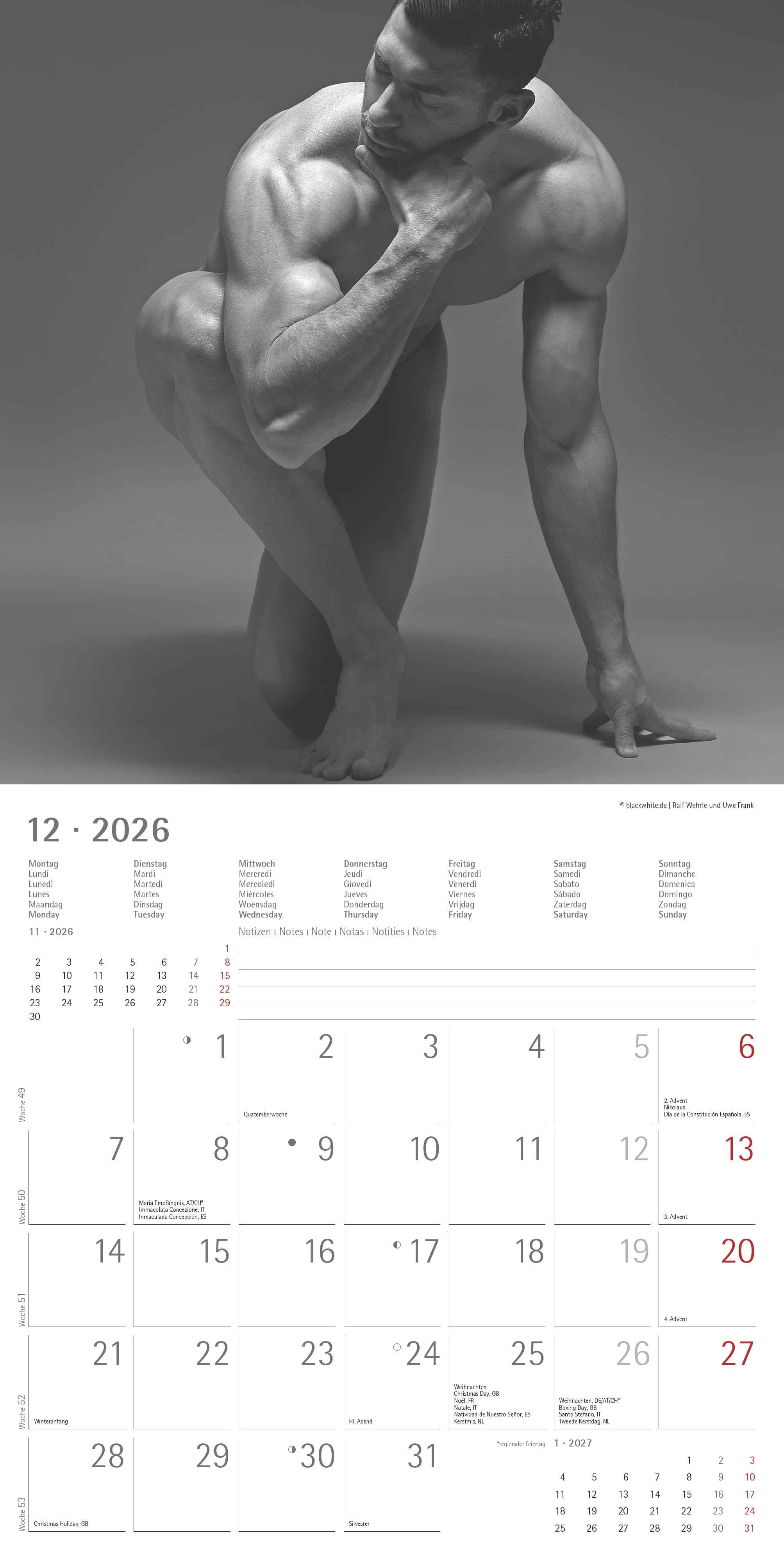 Beispielinhalt (Bild) Masculine 2026 - Broschürenkalender 30x30 cm (30x60 geöffnet) - Kalender mit Platz für Notizen - Maskulin - Bildkalender - Wandplaner - Erotikkalender