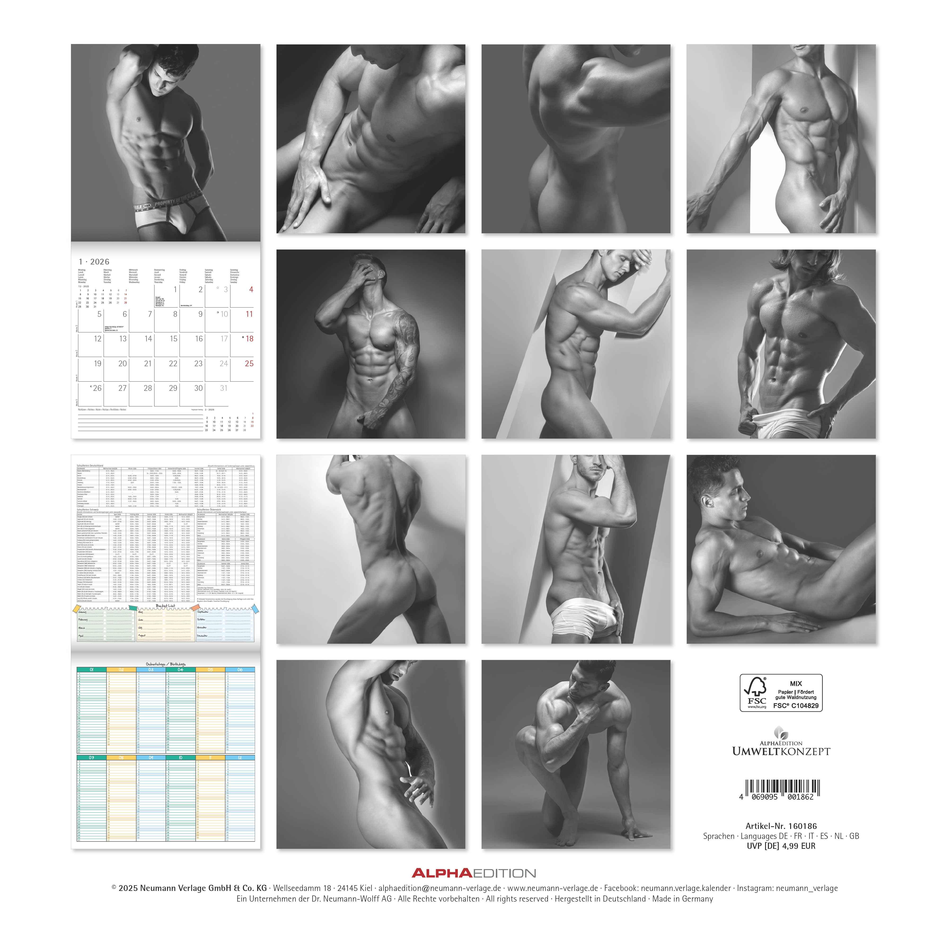 Rückseitencover Masculine 2026 - Broschürenkalender 30x30 cm (30x60 geöffnet) - Kalender mit Platz für Notizen - Maskulin - Bildkalender - Wandplaner - Erotikkalender