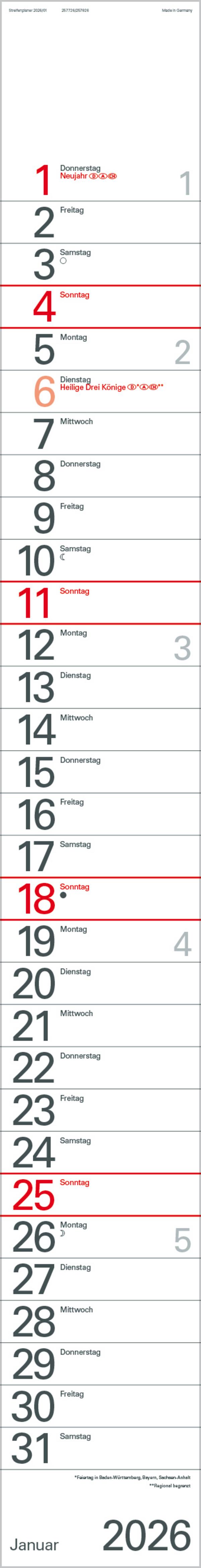 Beispielinhalt (Bild) Streifenplaner Rot 2026