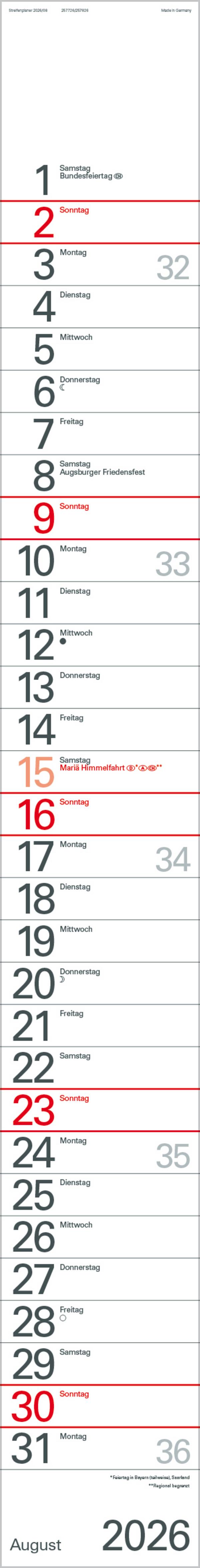 Beispielinhalt (Bild) Streifenplaner Rot 2026