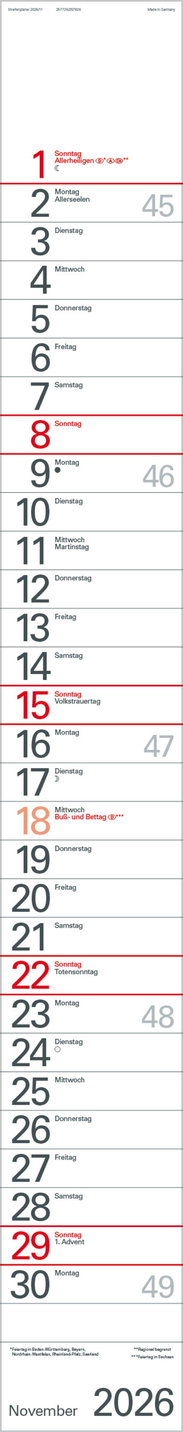 Beispielinhalt (Bild) Streifenplaner Rot 2026