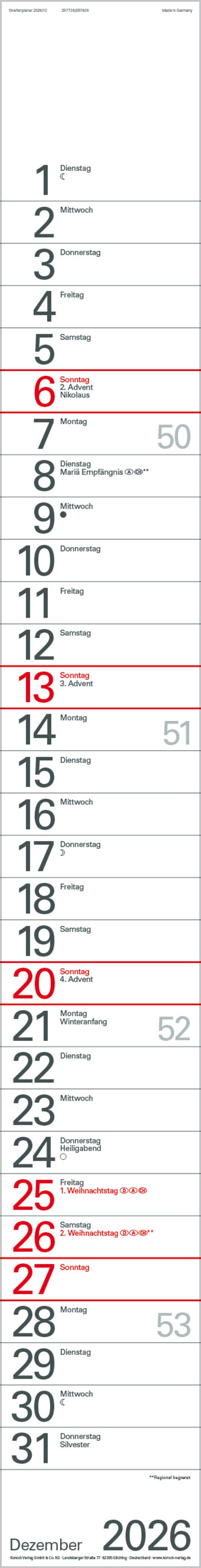 Beispielinhalt (Bild) Streifenplaner Rot 2026