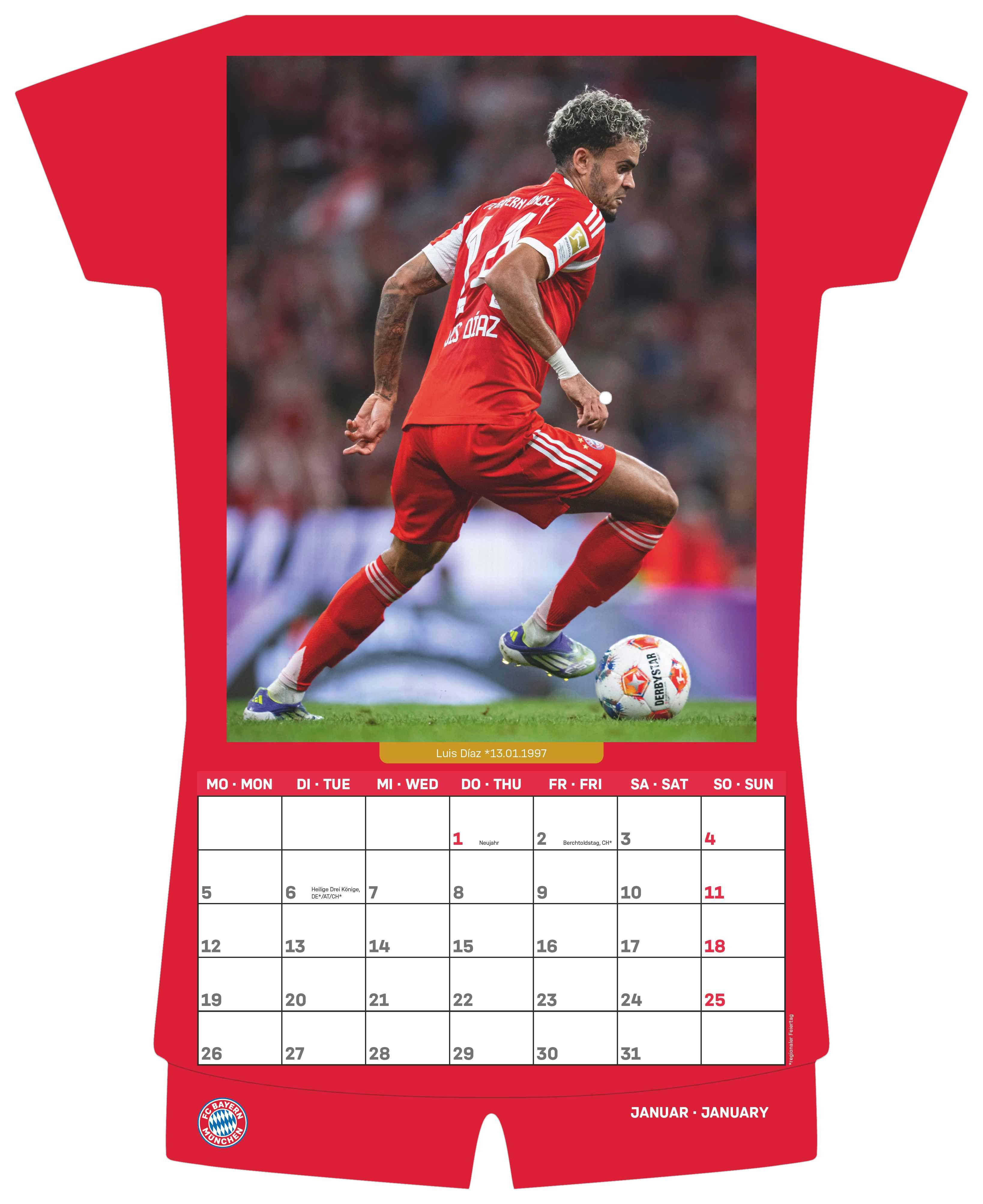 Beispielinhalt (Bild) FC Bayern München 2026 - Trikotkalender - Wand-Kalender - Fan-Kalender - Fußball-Kalender - 34,1x42 - Sport