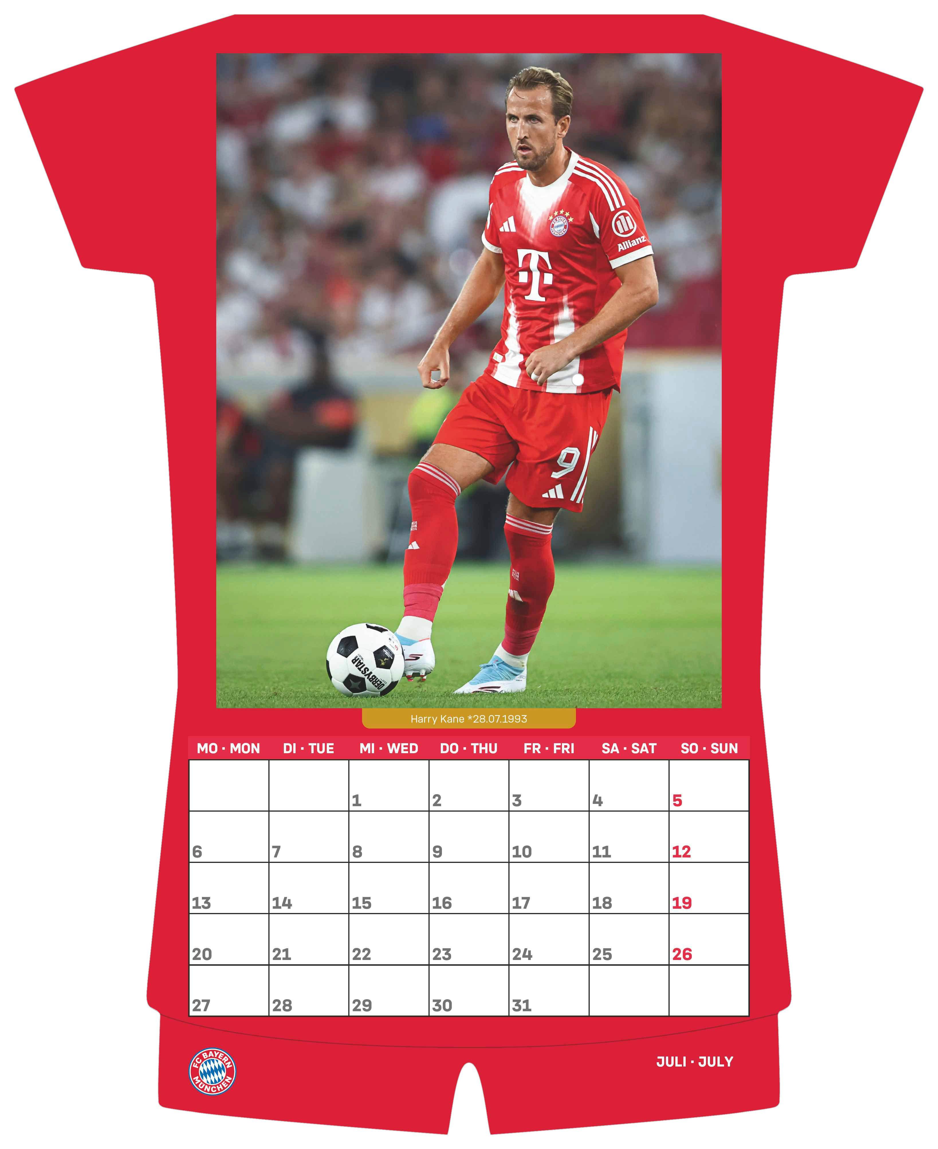 Beispielinhalt (Bild) FC Bayern München 2026 - Trikotkalender - Wand-Kalender - Fan-Kalender - Fußball-Kalender - 34,1x42 - Sport