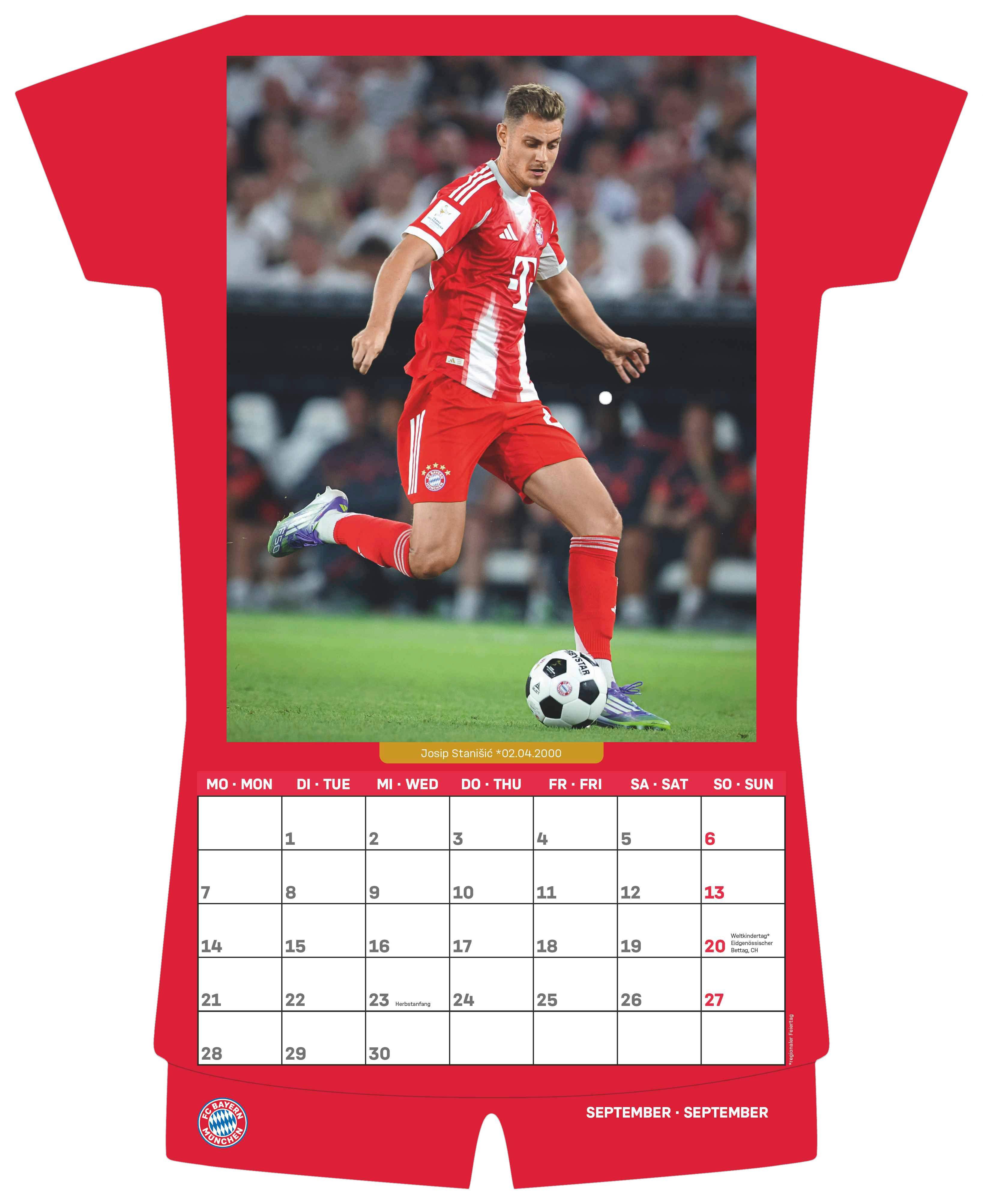 Beispielinhalt (Bild) FC Bayern München 2026 - Trikotkalender - Wand-Kalender - Fan-Kalender - Fußball-Kalender - 34,1x42 - Sport