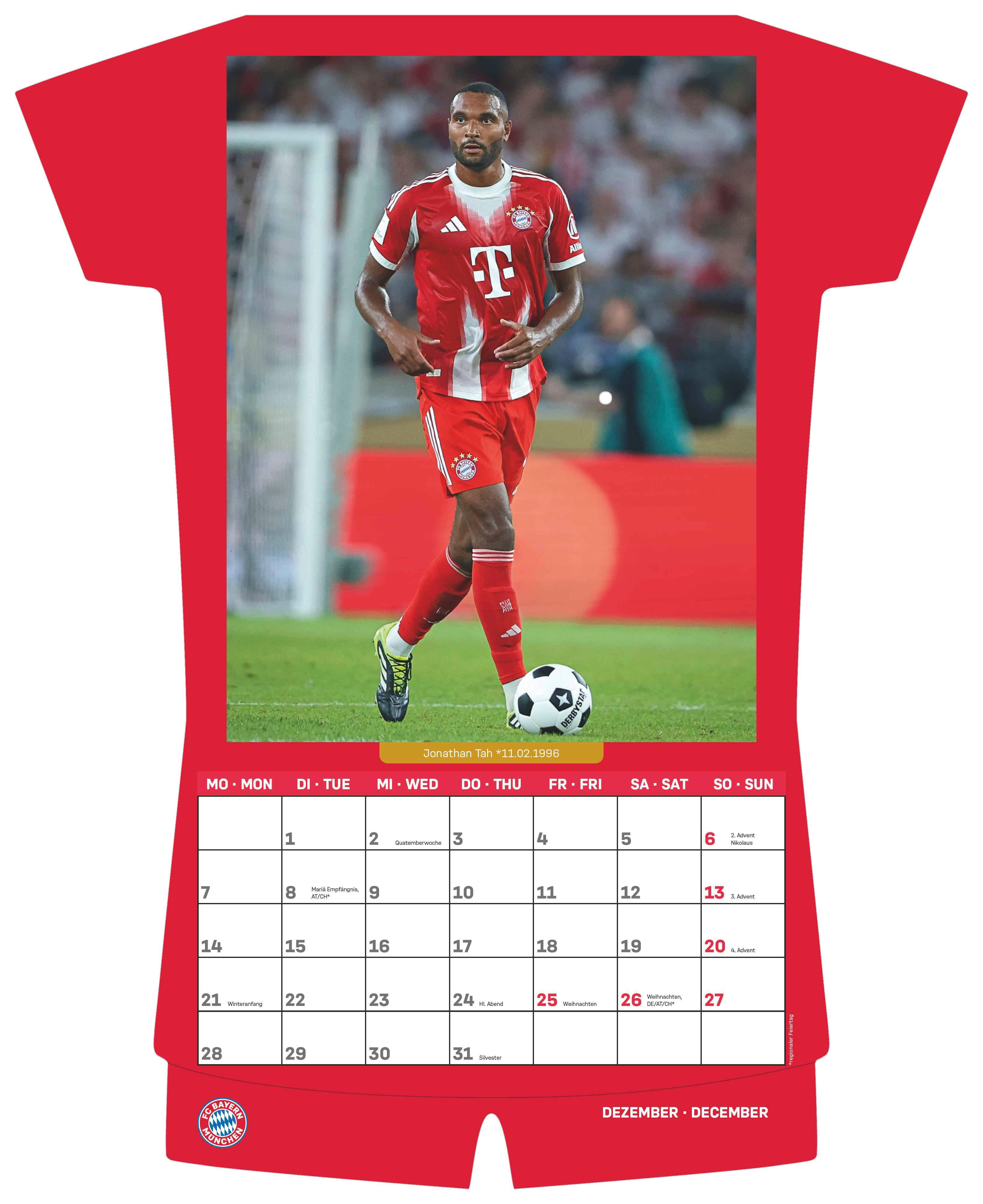 Beispielinhalt (Bild) FC Bayern München 2026 - Trikotkalender - Wand-Kalender - Fan-Kalender - Fußball-Kalender - 34,1x42 - Sport