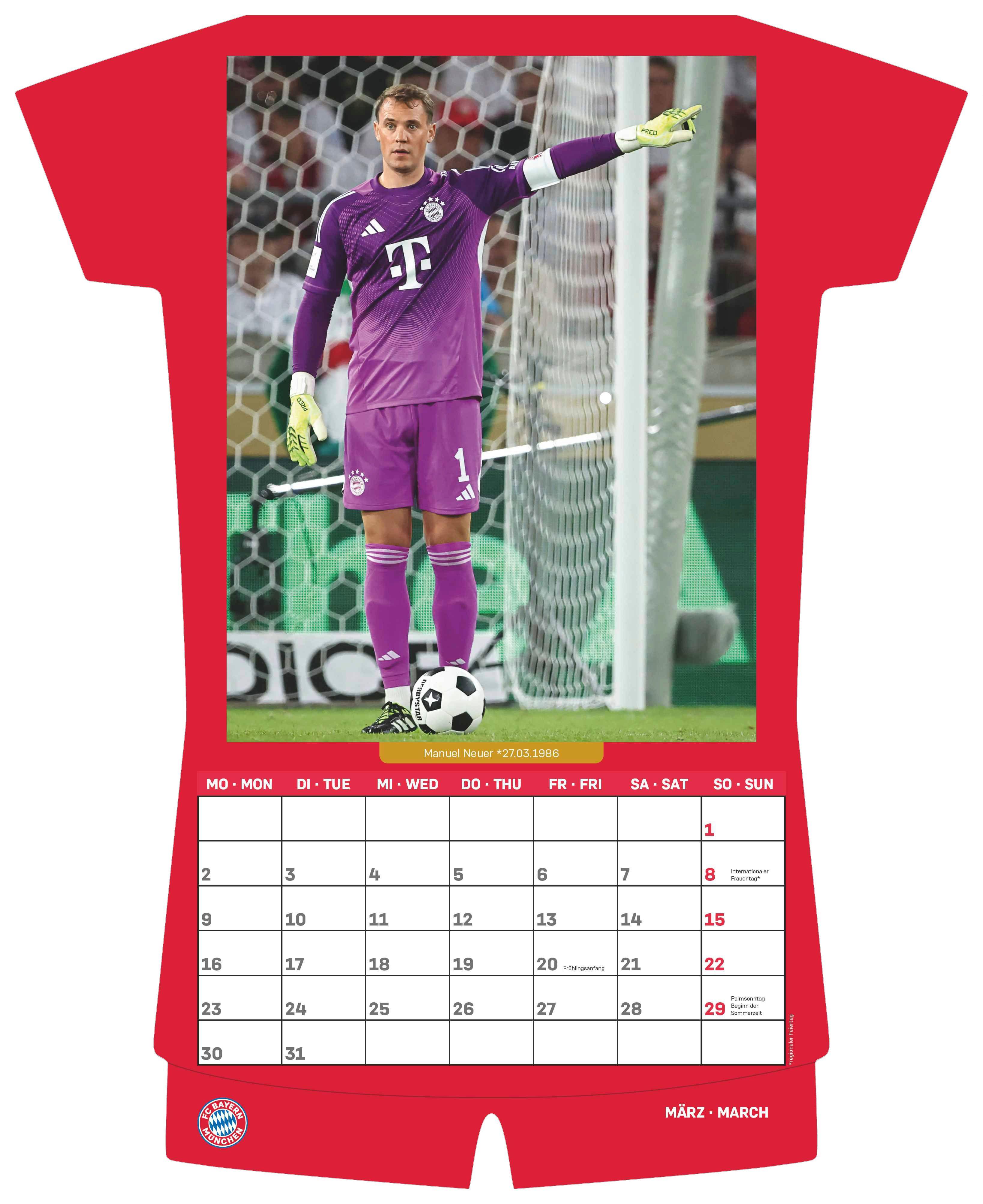 Beispielinhalt (Bild) FC Bayern München 2026 - Trikotkalender - Wand-Kalender - Fan-Kalender - Fußball-Kalender - 34,1x42 - Sport