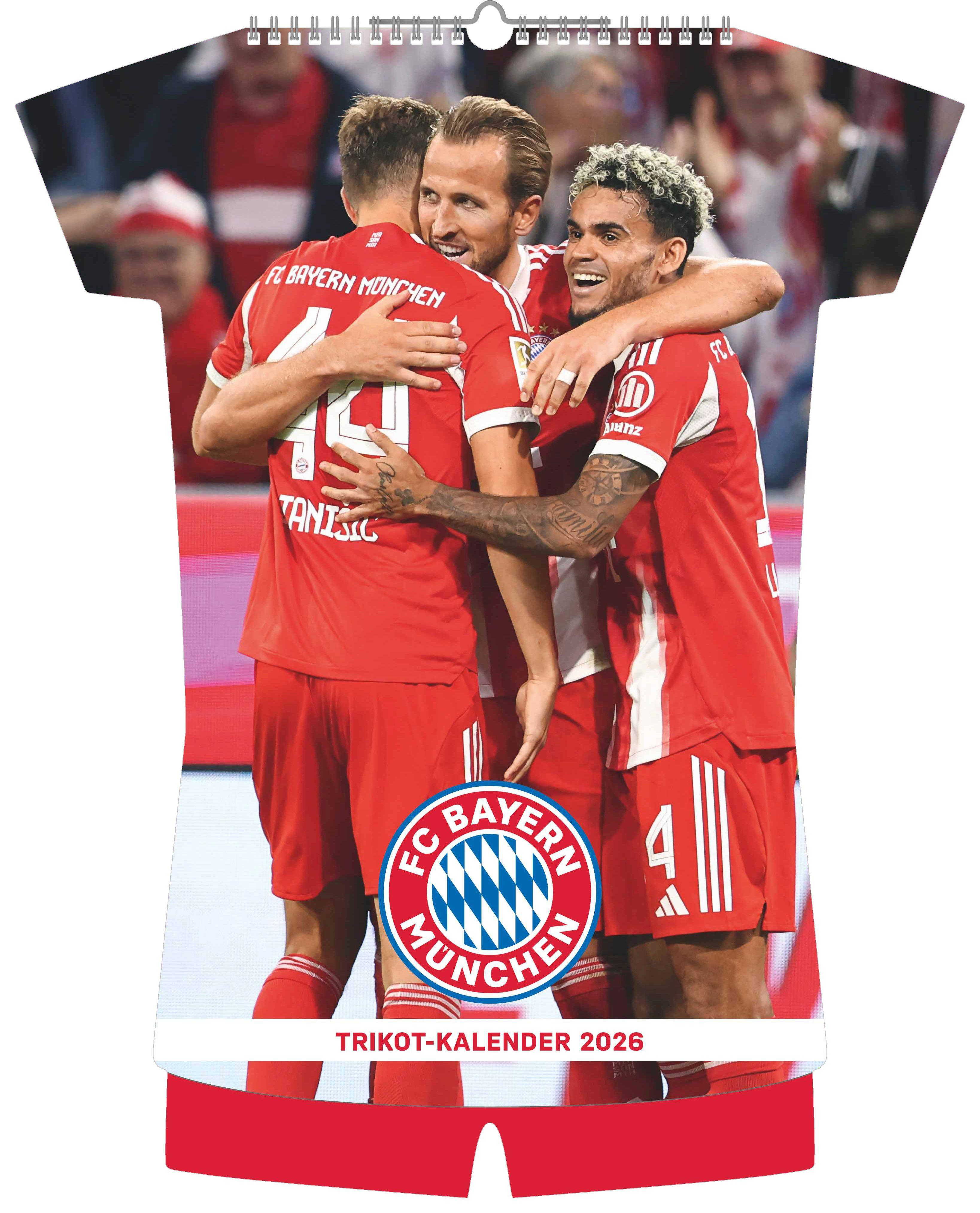 Vorderes Coverbild FC Bayern München 2026 - Trikotkalender - Wand-Kalender - Fan-Kalender - Fußball-Kalender - 34,1x42 - Sport