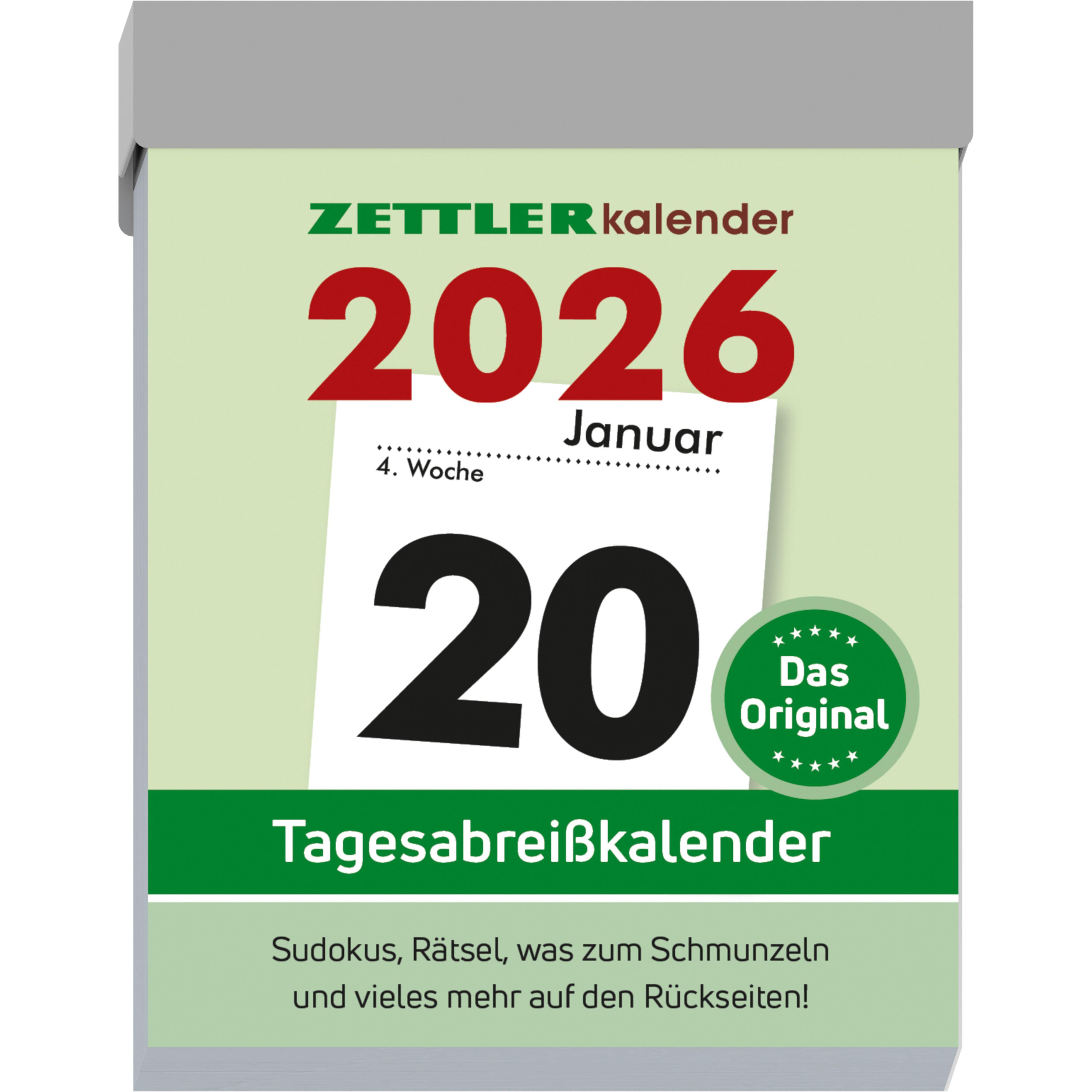 Vorderes Coverbild Zettler Tagesabreißkalender M 2026 5,4x7,2 cm Bürokalender 1 Tag auf 1 Seite mit Sudokus, Sprüchen, Rätseln uvm. Auf den Rückseiten
