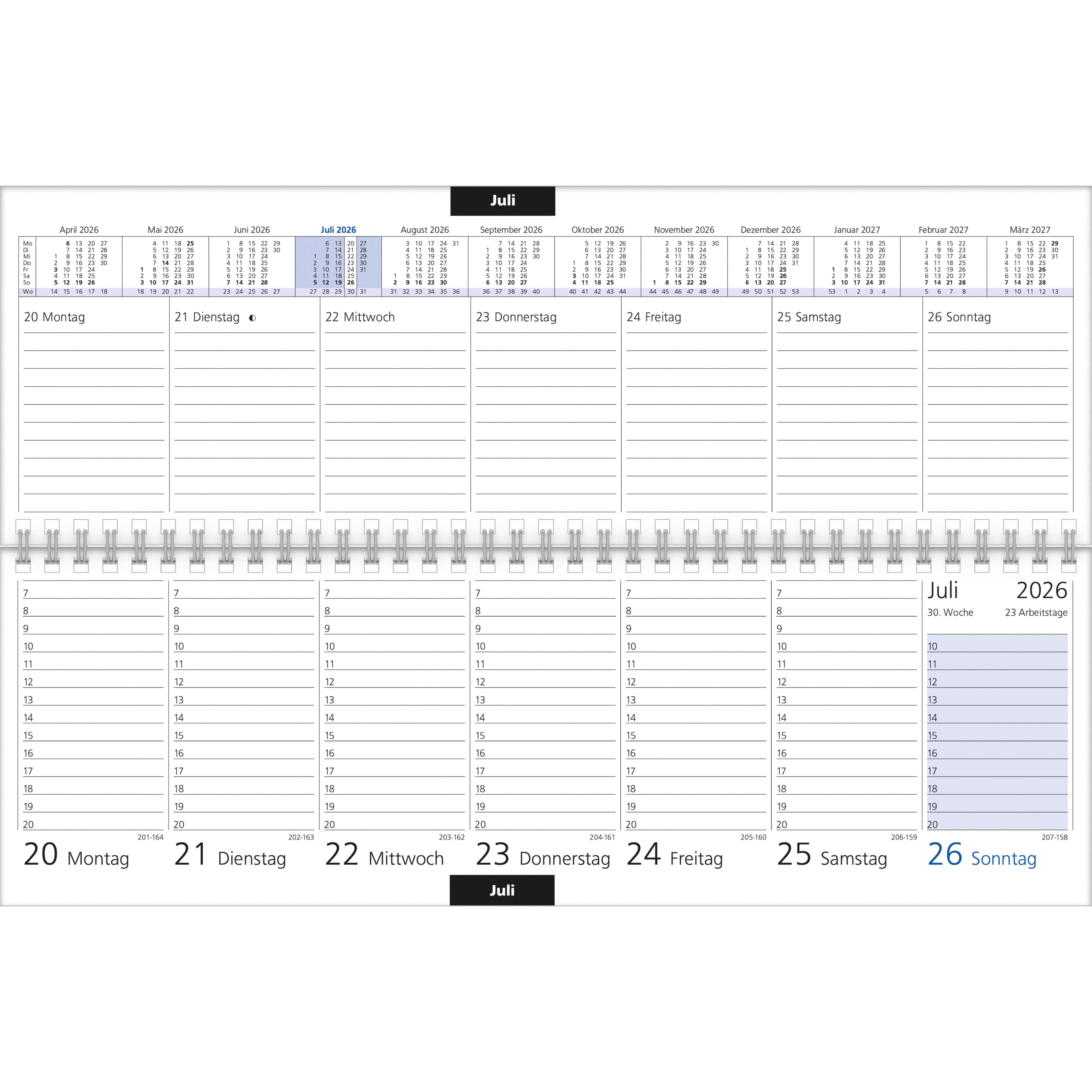 Beispielinhalt (Bild) Tischquerkalender blau 2026 - 32x10,5 cm - 1 Woche auf 2 Seiten - Bürokalender mit Monatsübersichten - Stundeneinteilung 7 - 20 Uhr - 176-0015