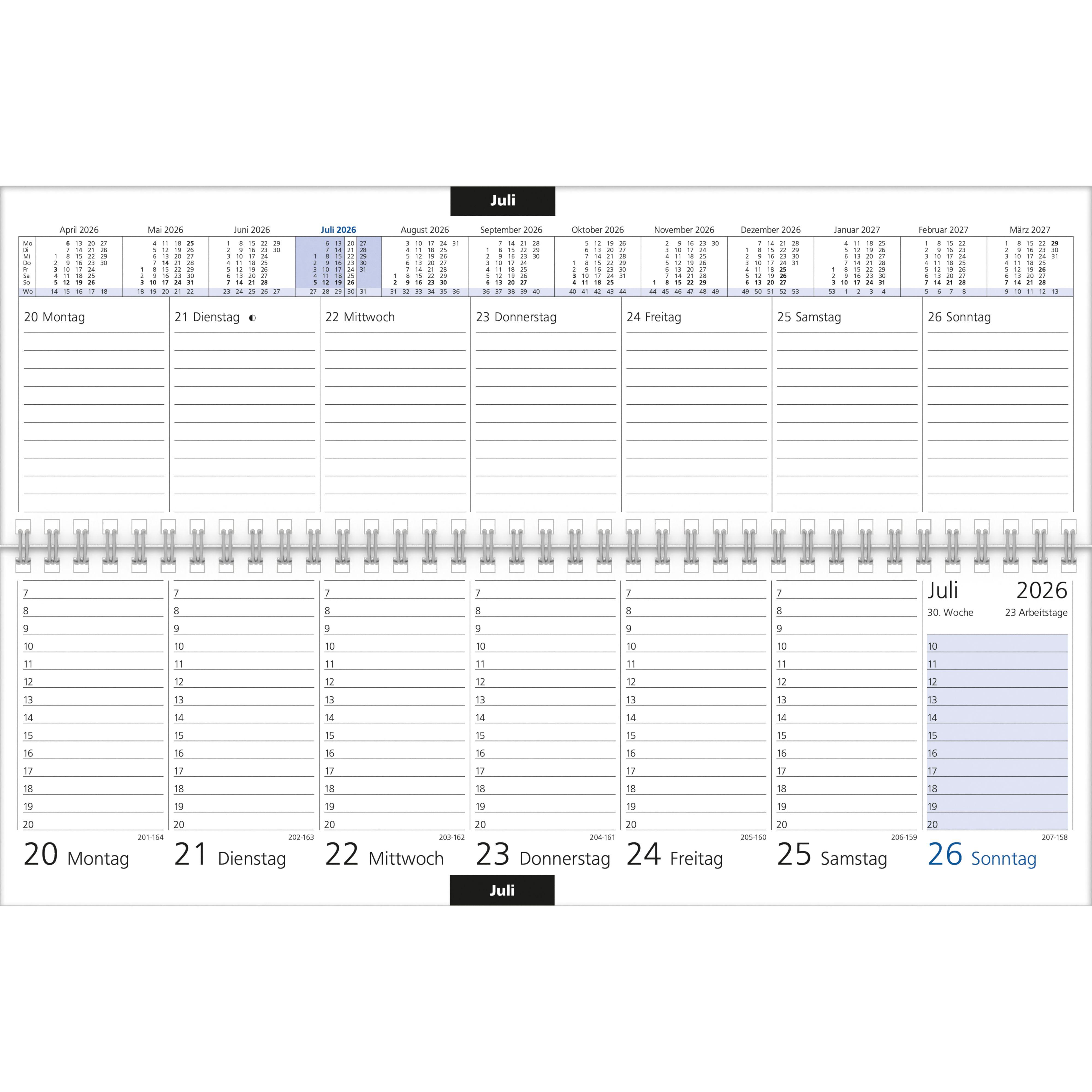 Beispielinhalt (Bild) Tischquerkalender blau 2026 - 32x10,5 cm - 1 Woche auf 2 Seiten - Bürokalender mit Monatsübersichten - Stundeneinteilung 7 - 20 Uhr - 176-0015