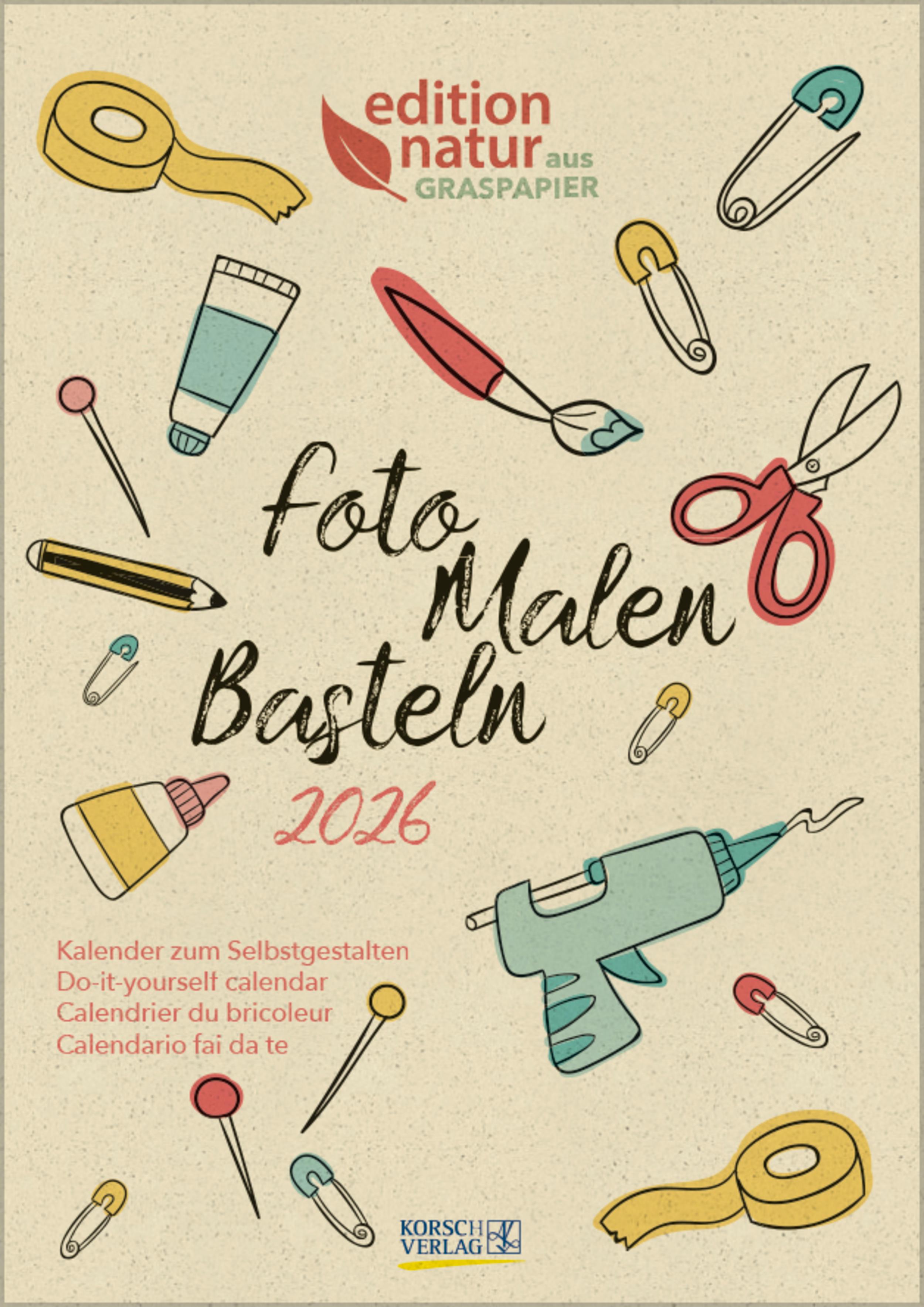 Vorderes Coverbild Foto-Malen-Basteln Bastelkalender A4 Graspapier 2026