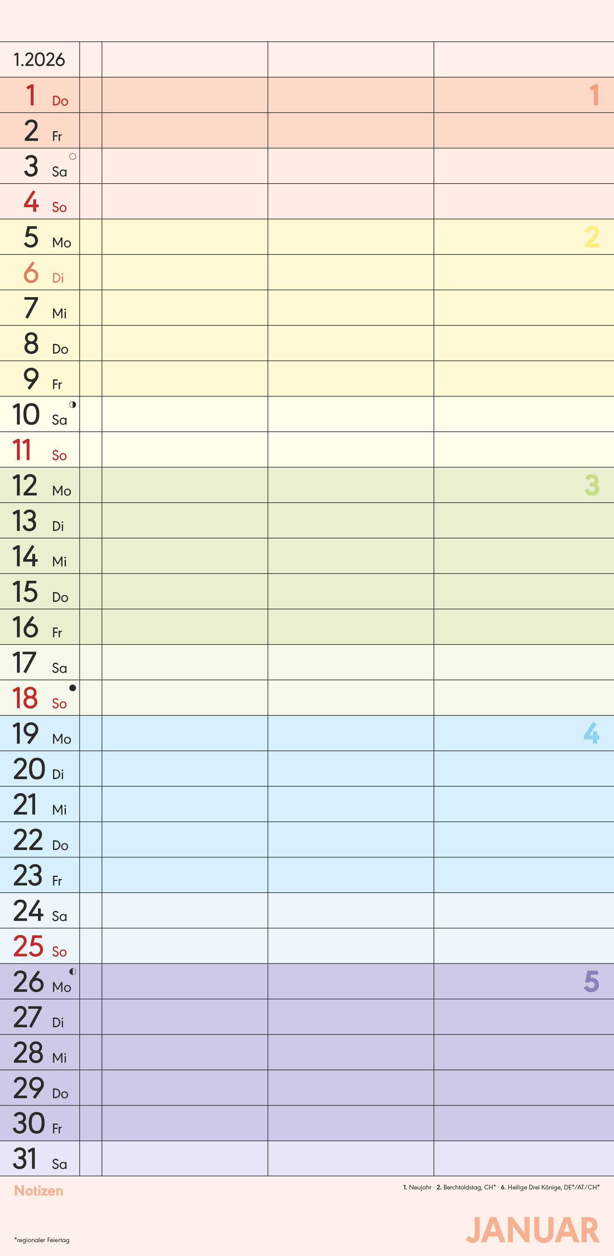 Beispielinhalt (Bild) Superplaner Farbenfroh 2026 - Familien-Timer 22x45 cm - mit Ferienterminen - 3 Spalten - Wand-Planer - mit vielen Zusatzinformationen - Alpha Edition