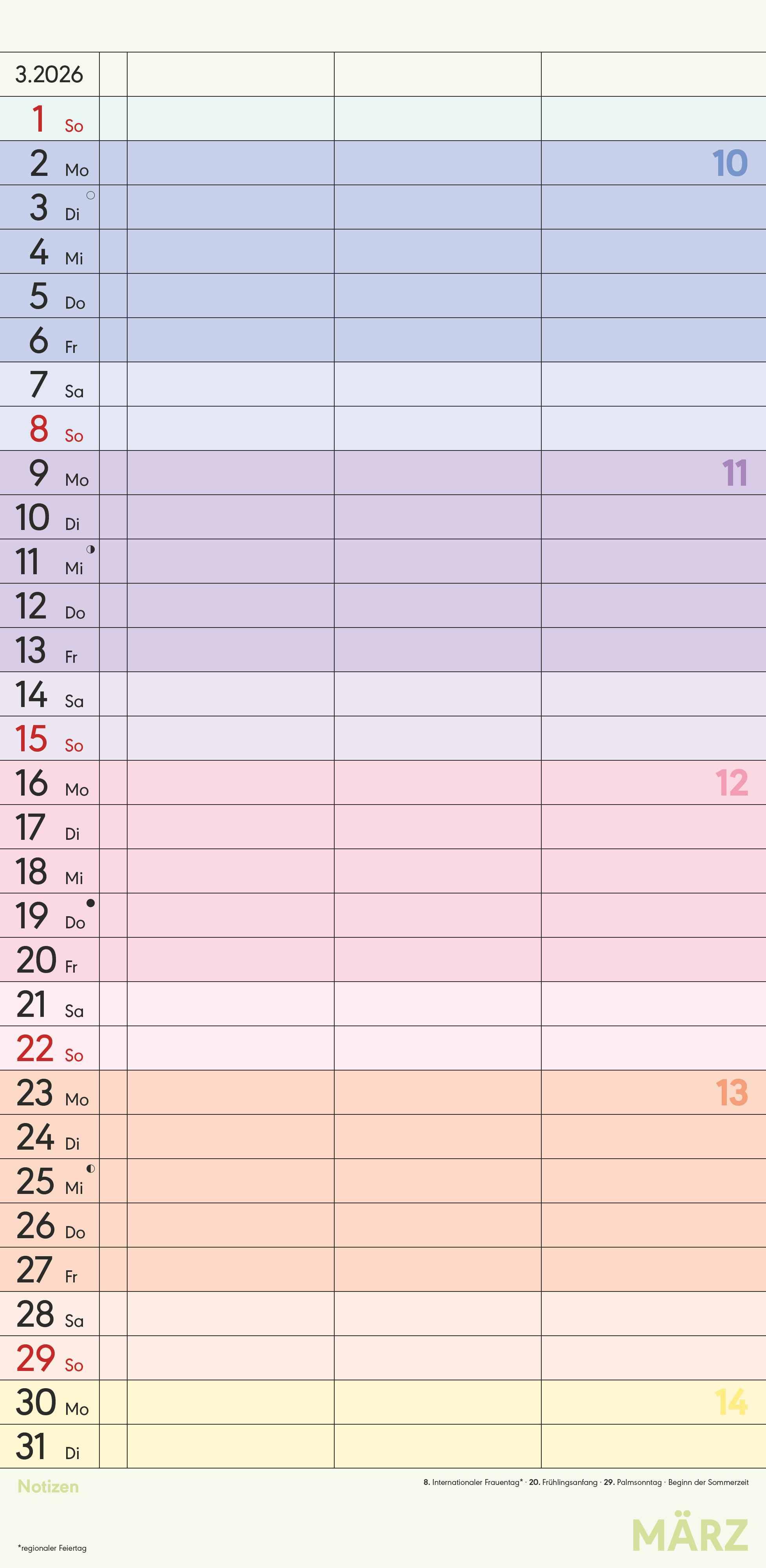 Beispielinhalt (Bild) Superplaner Farbenfroh 2026 - Familien-Timer 22x45 cm - mit Ferienterminen - 3 Spalten - Wand-Planer - mit vielen Zusatzinformationen - Alpha Edition
