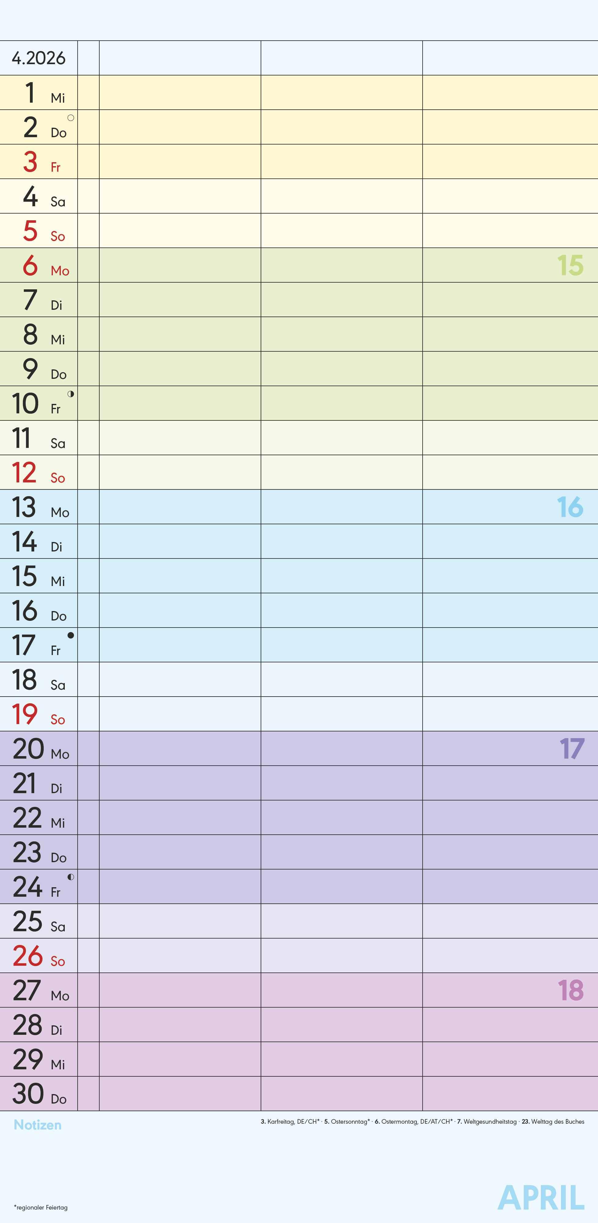 Beispielinhalt (Bild) Superplaner Farbenfroh 2026 - Familien-Timer 22x45 cm - mit Ferienterminen - 3 Spalten - Wand-Planer - mit vielen Zusatzinformationen - Alpha Edition